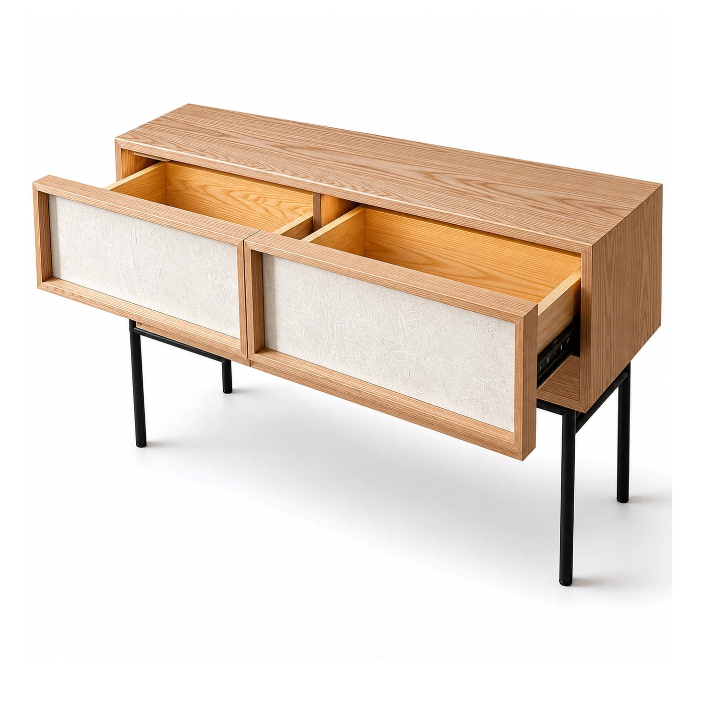 Light Wood Console Table with Textured White Drawers