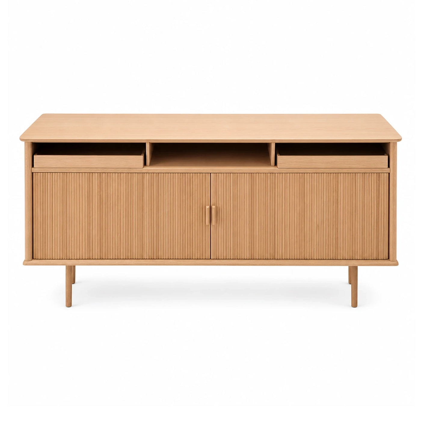 Light Wood TV Stand with Fluted Doors and Drawers