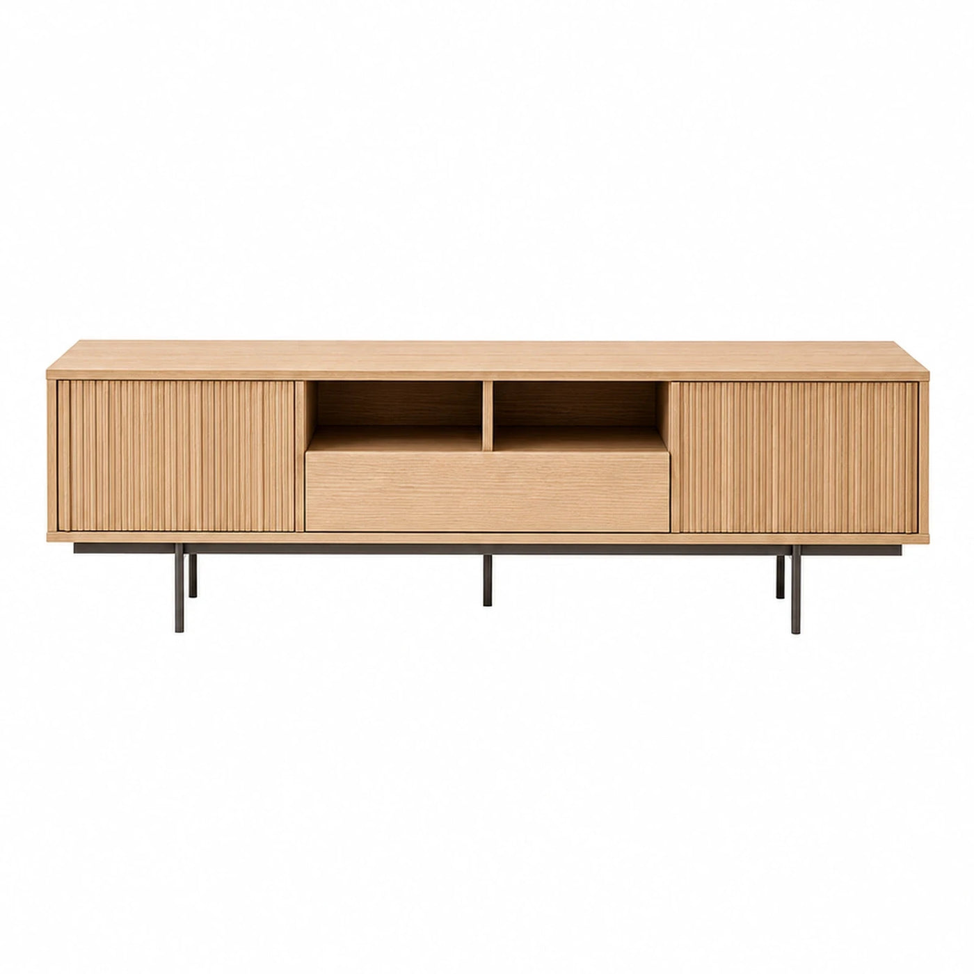 Light Wood TV Stand with Fluted Doors and Metal Legs