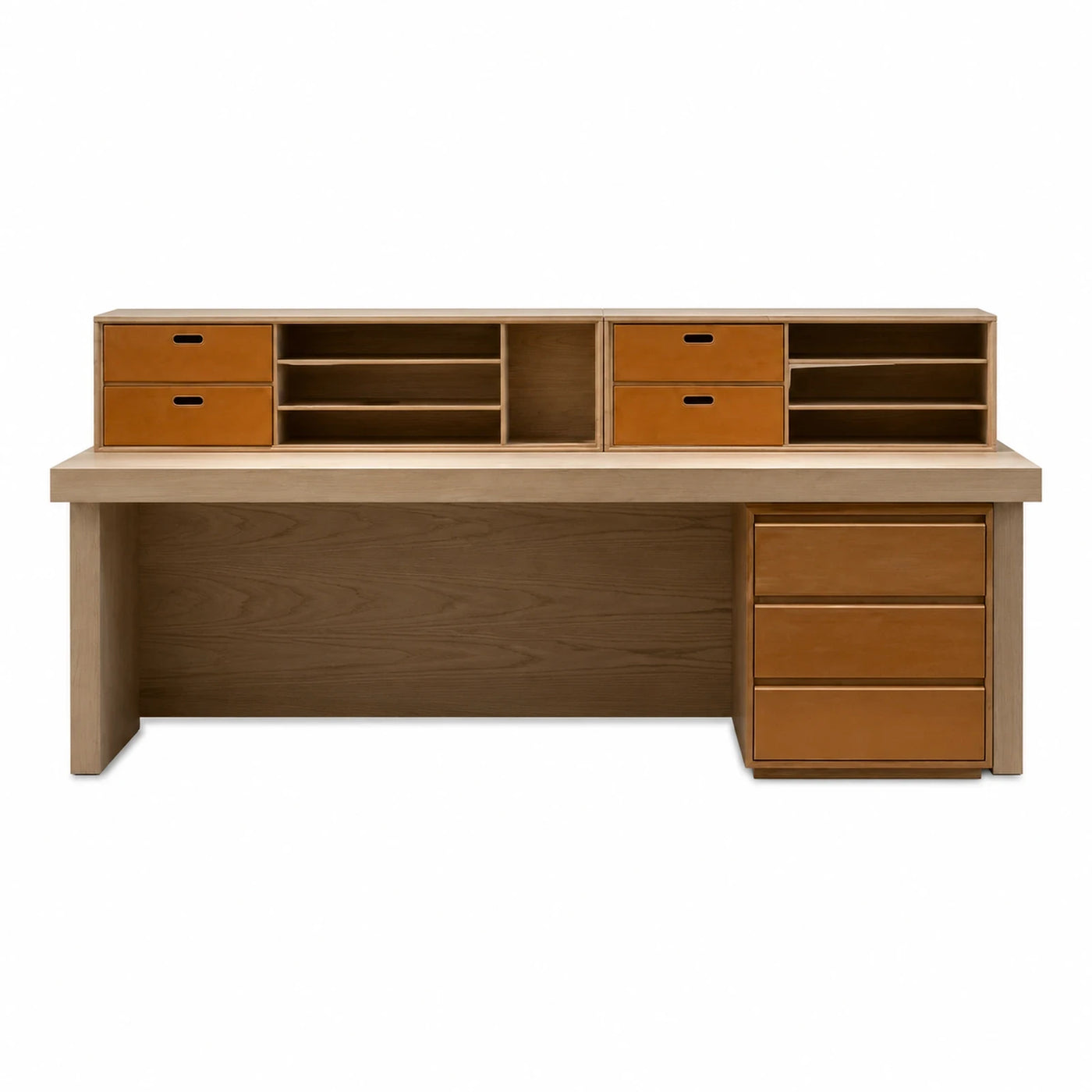 Modern Wooden Desk with Leather Drawers and Hutch