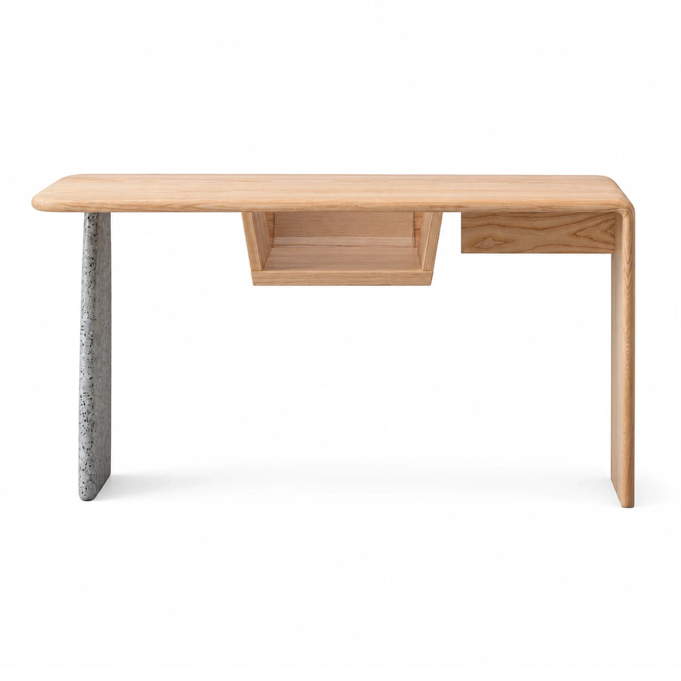Light Wood Desk with Concrete Leg and Shelf