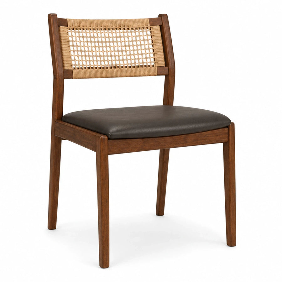 Walnut Wood Dining Chair with Cane Backrest and Leather Seat