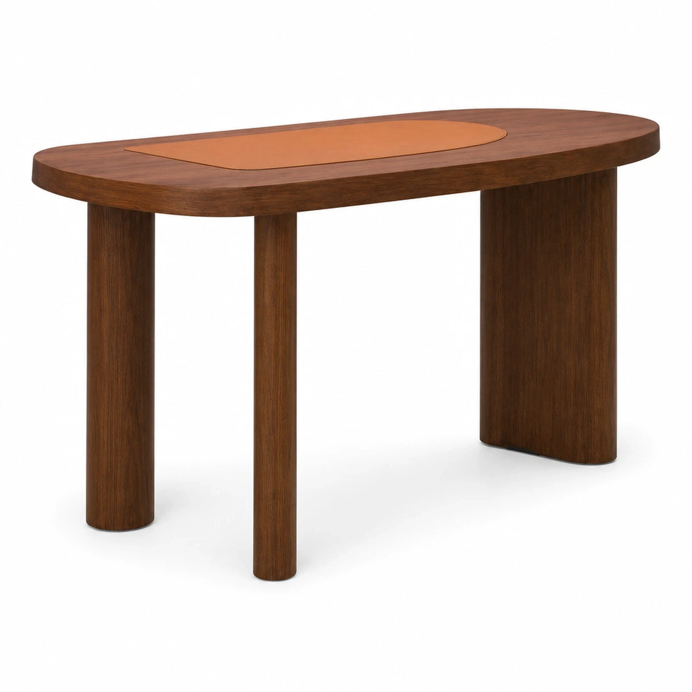 Walnut Wood Oval Desk with Leather Inlay