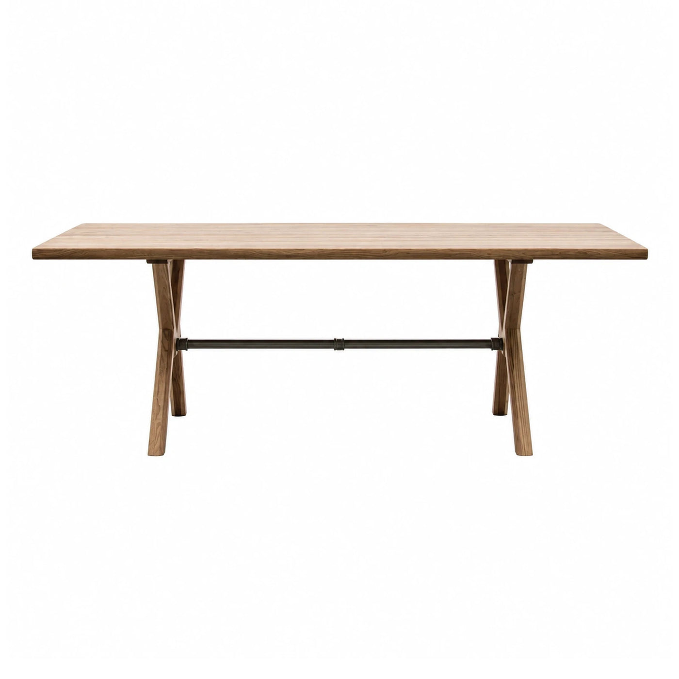 Wooden Dining Table with X-Legs and Metal Crossbar