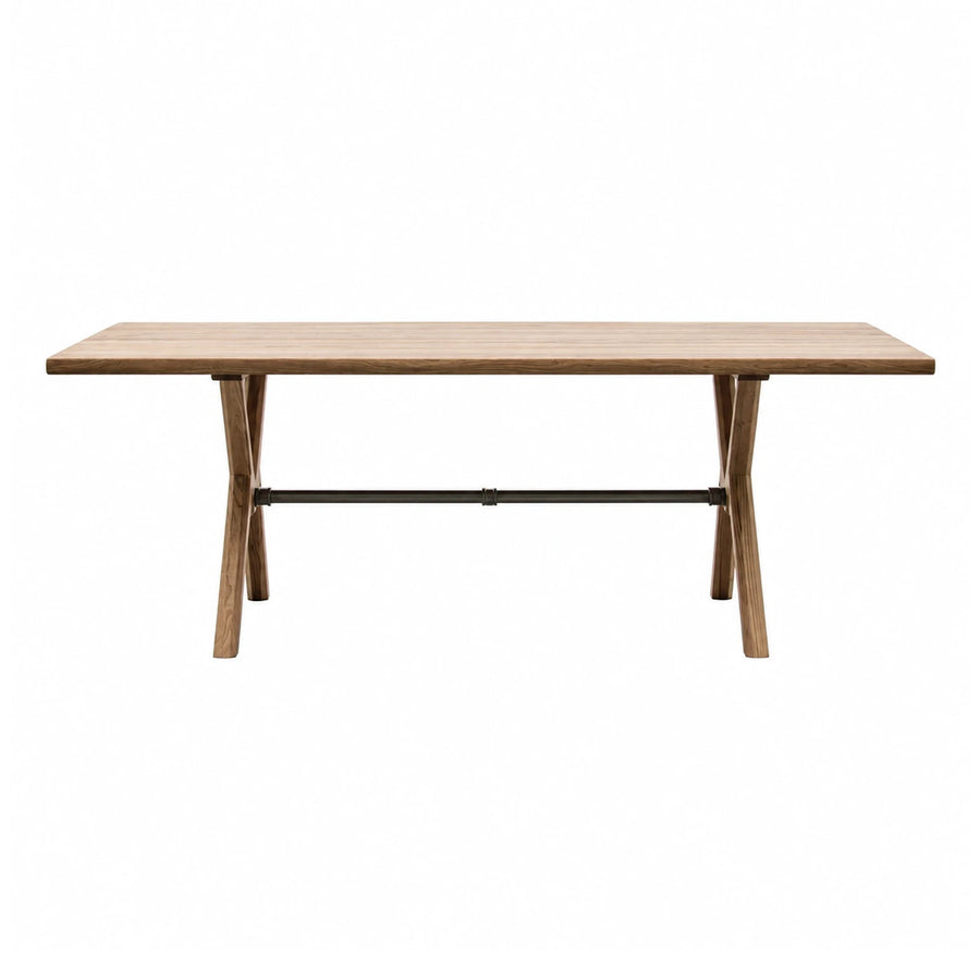 Wooden Dining Table with X-Legs and Metal Crossbar