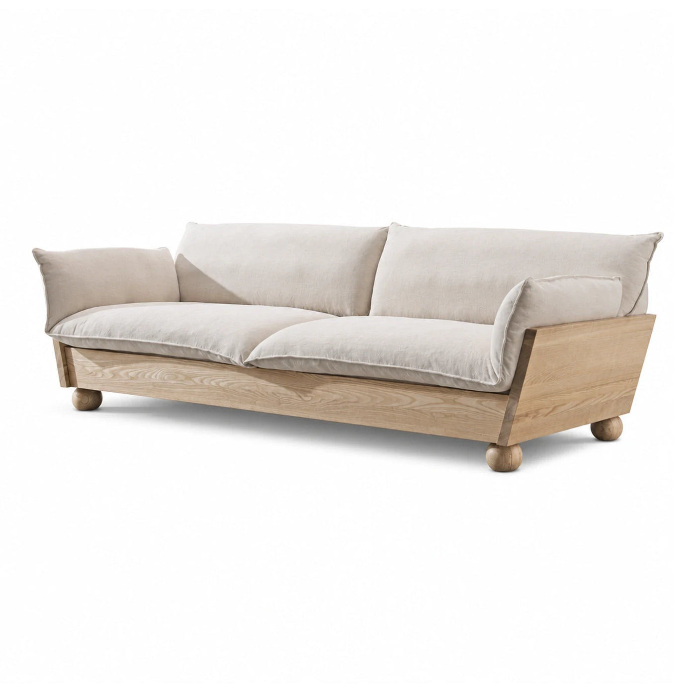 Light Wood Frame Beige Fabric Sofa with Ball Feet