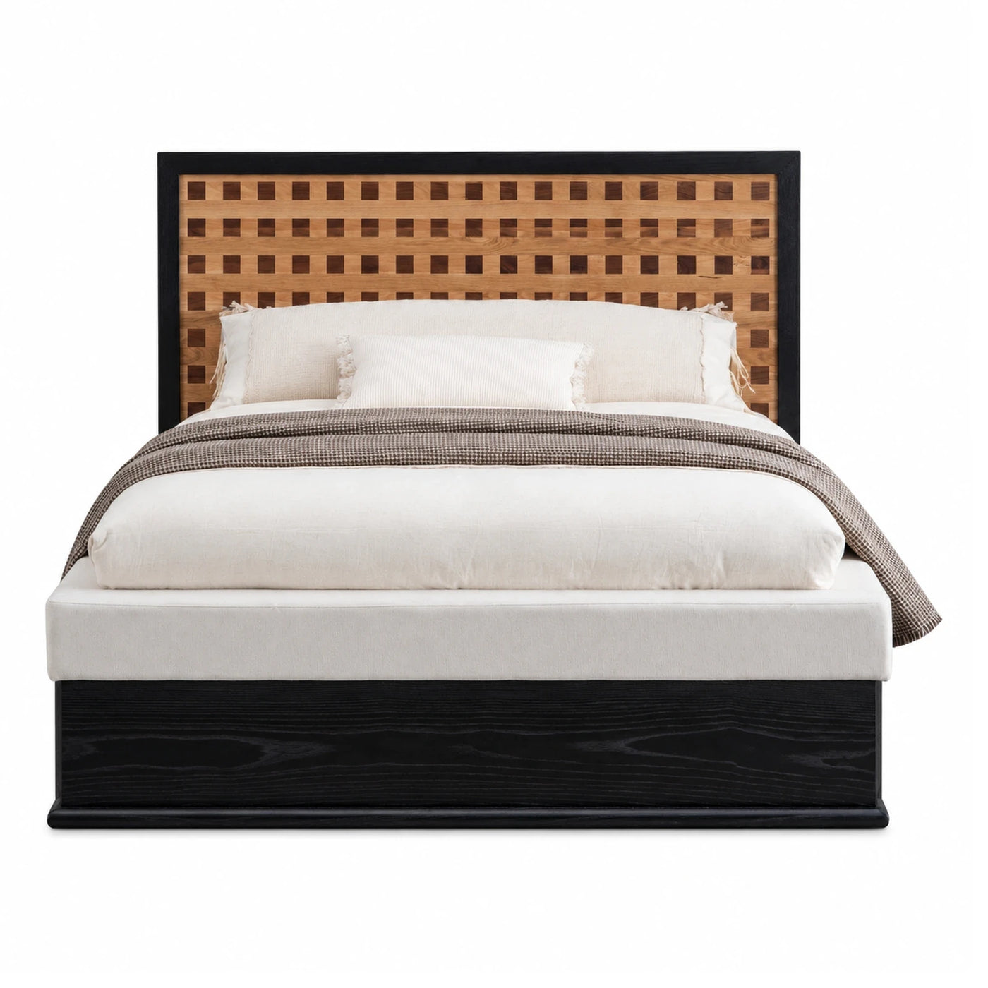 Linear Black Wood Platform Bed with Woven Headboard Beds & Headboards