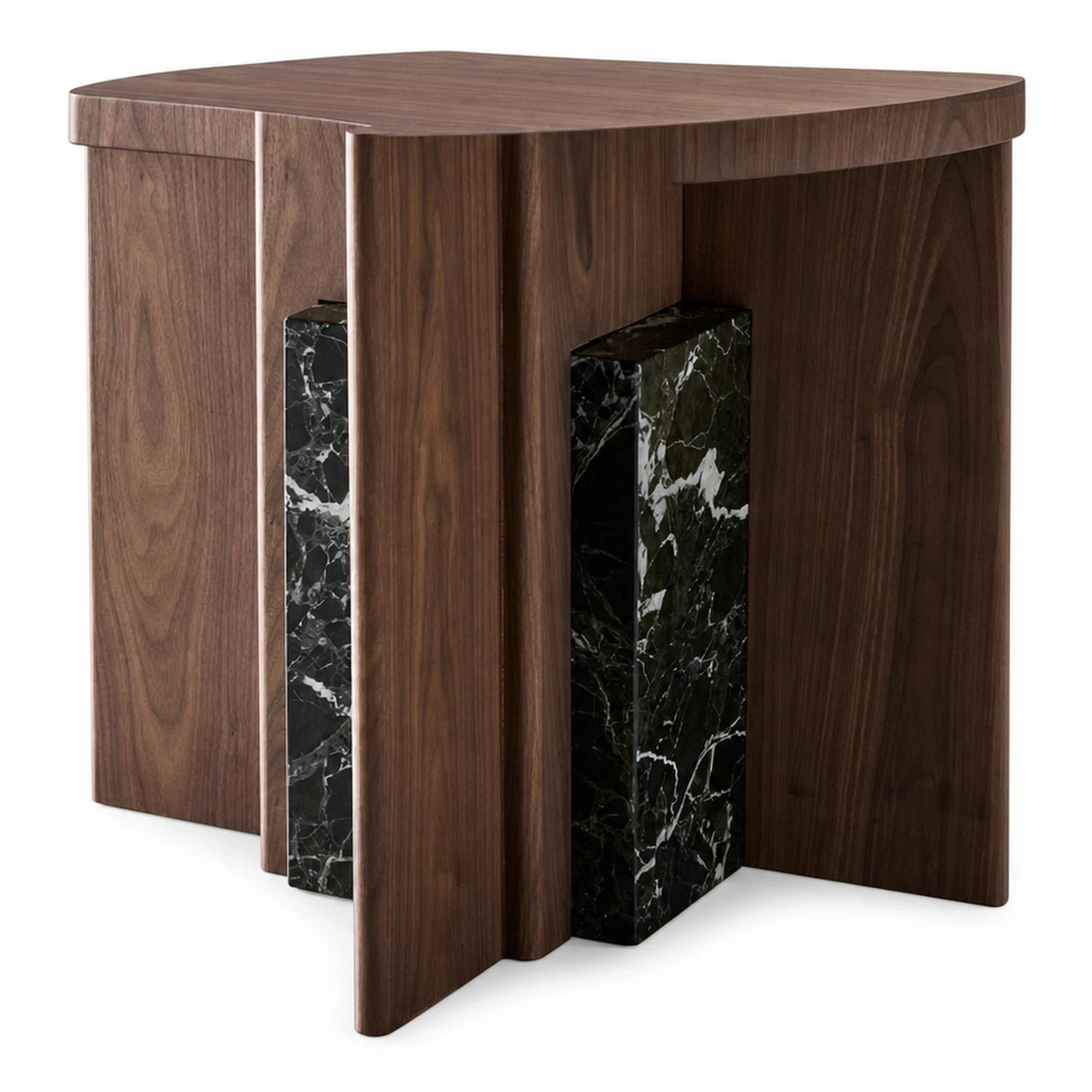 Walnut Wood Console Table with Green Marble Accents