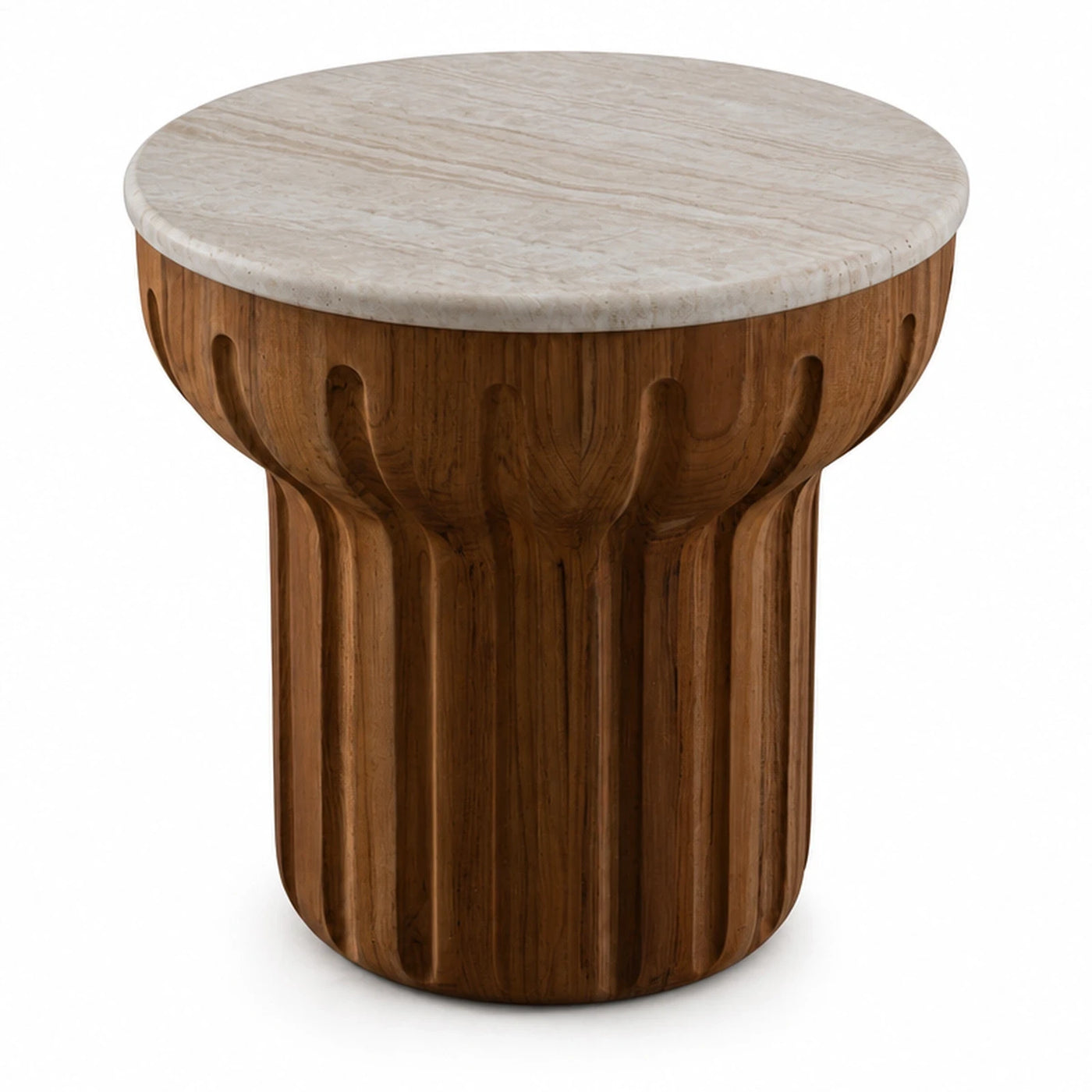 Round Marble Top Fluted Wood Side Table