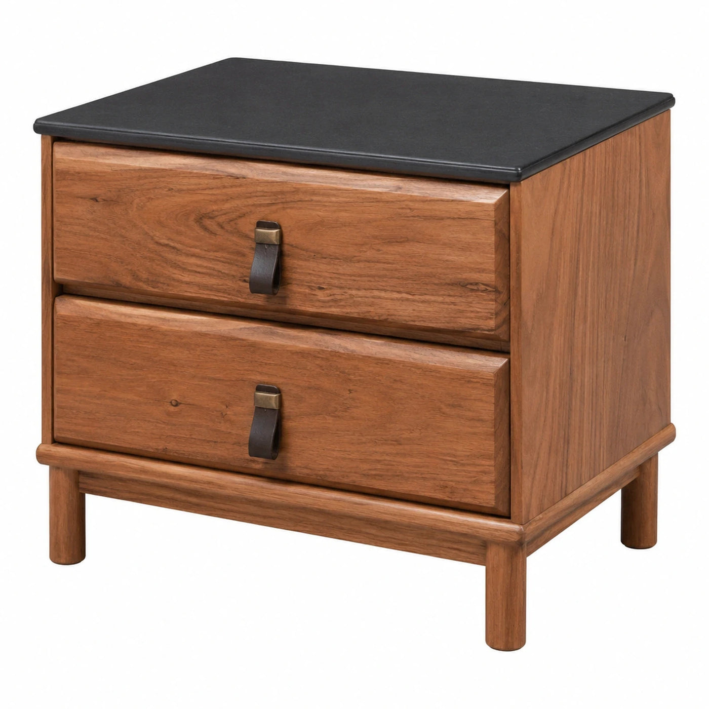 Wooden Nightstand with Black Top and Leather Pulls