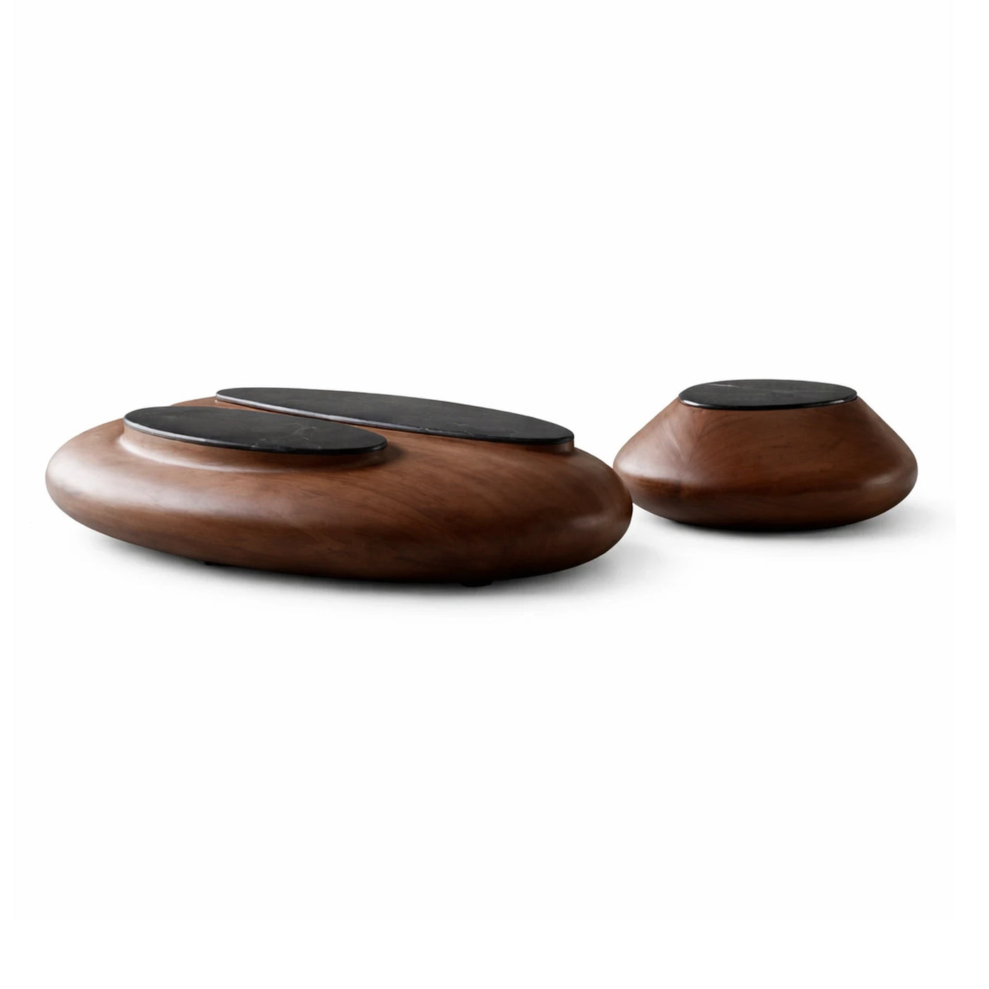 Organic Walnut Wood Coffee Table Set with Black Stone Tops