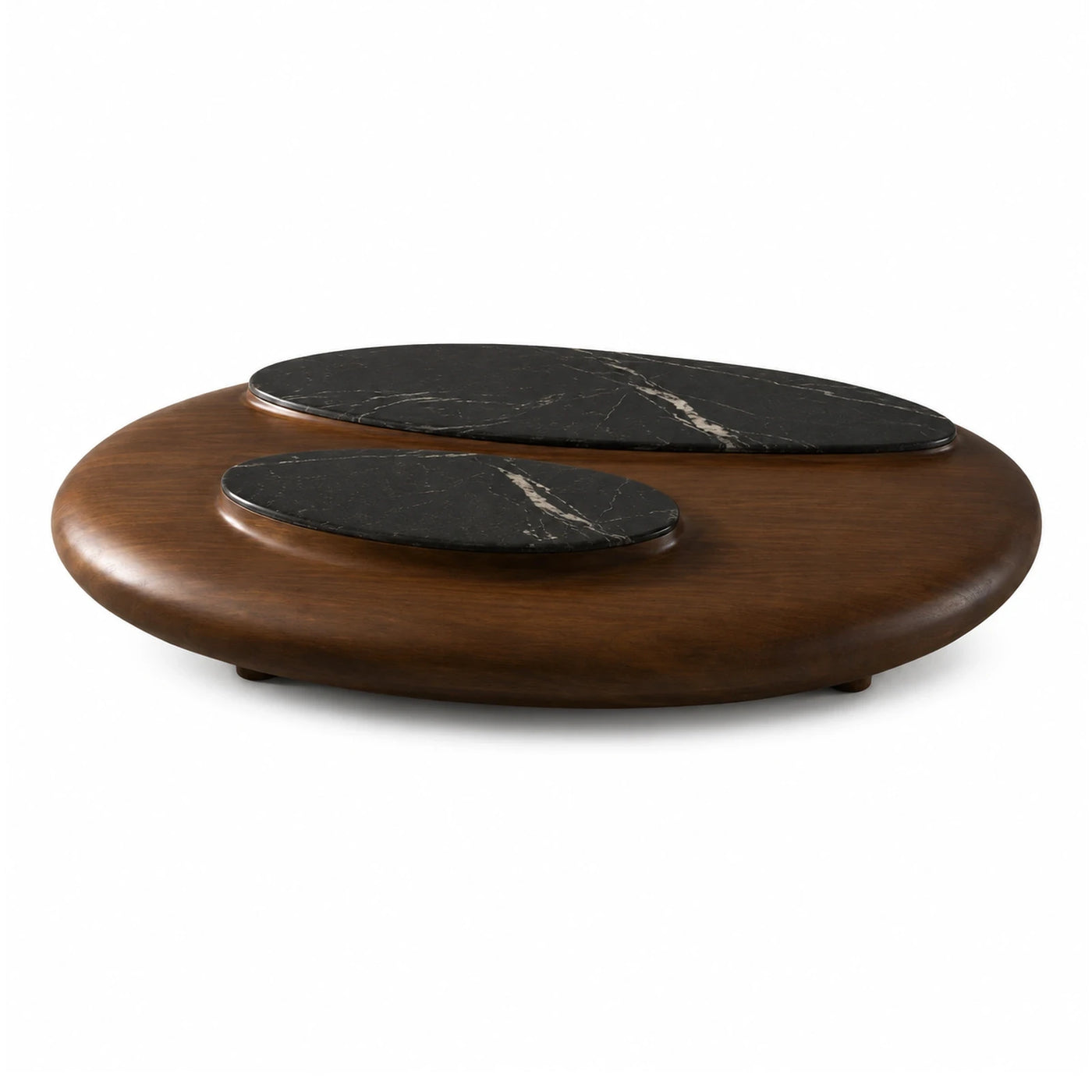 Oval Walnut Coffee Table with Black Marble Inlays