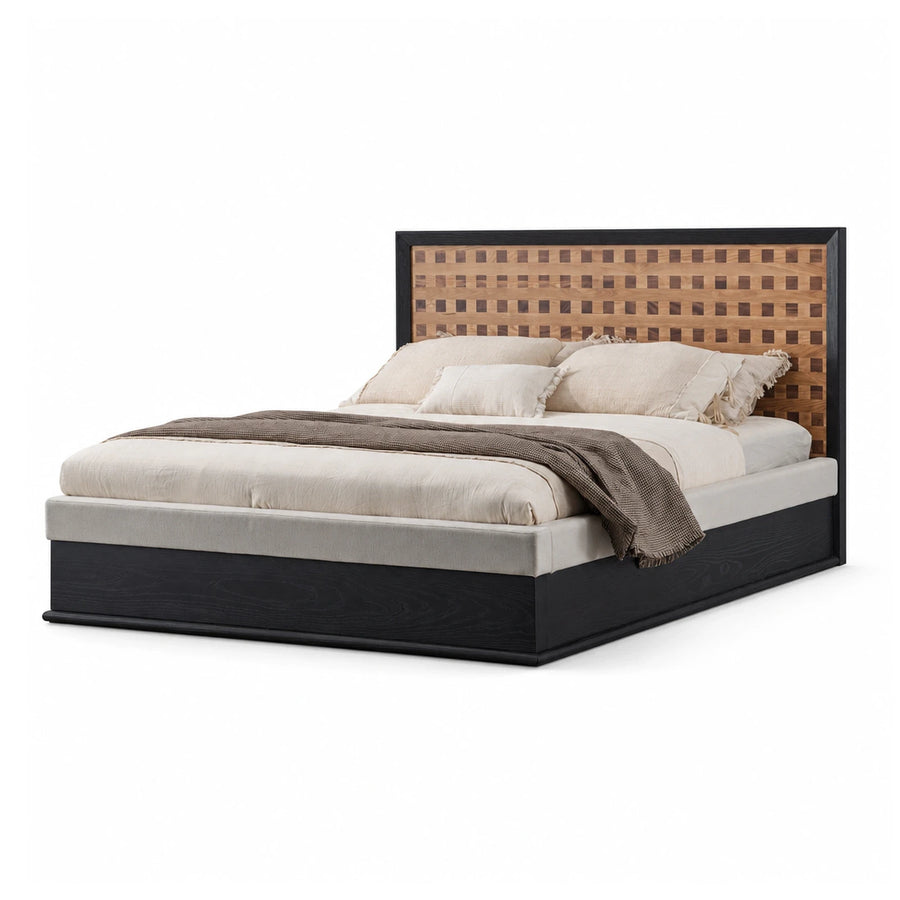 Wide Plank Black Wood Platform Bed with Woven Headboard Beds & Headboards