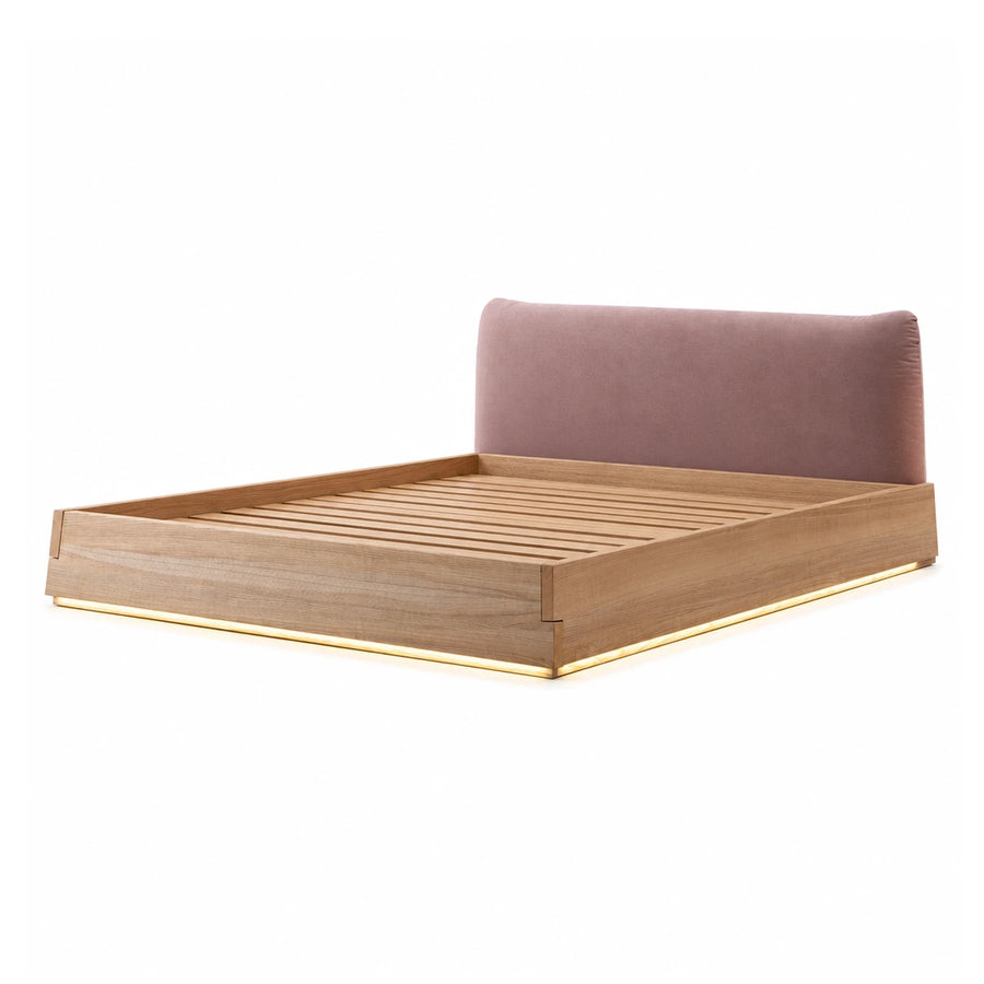 Wood Platform Bed with Pink Upholstered Headboard and LED Lighting