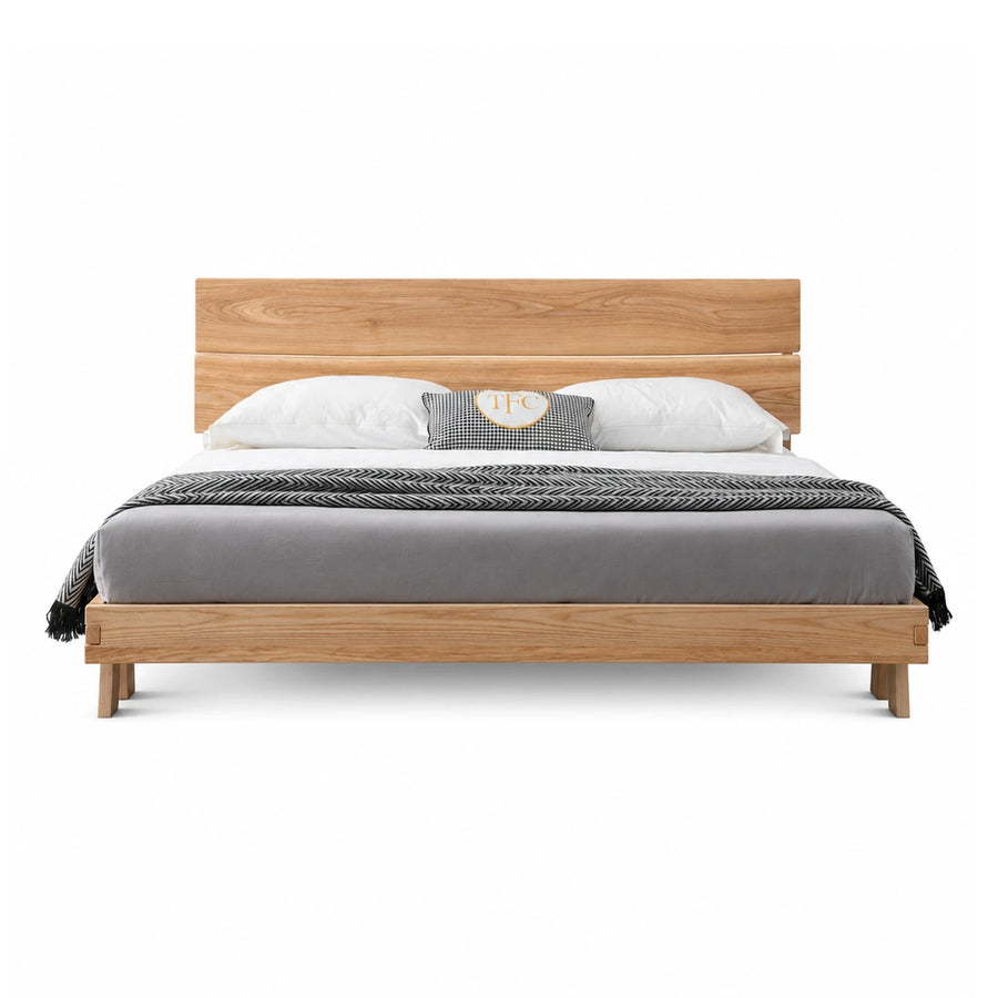 Light Oak Wood Platform Bed with Horizontal Slats