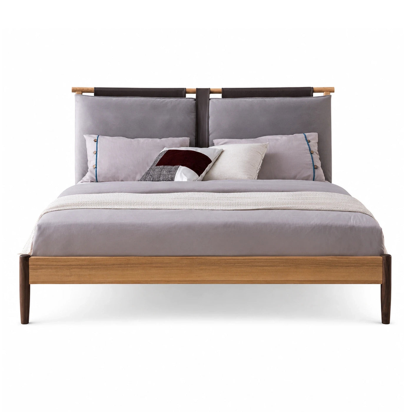 Grey Upholstered Platform Bed with Wood Frame