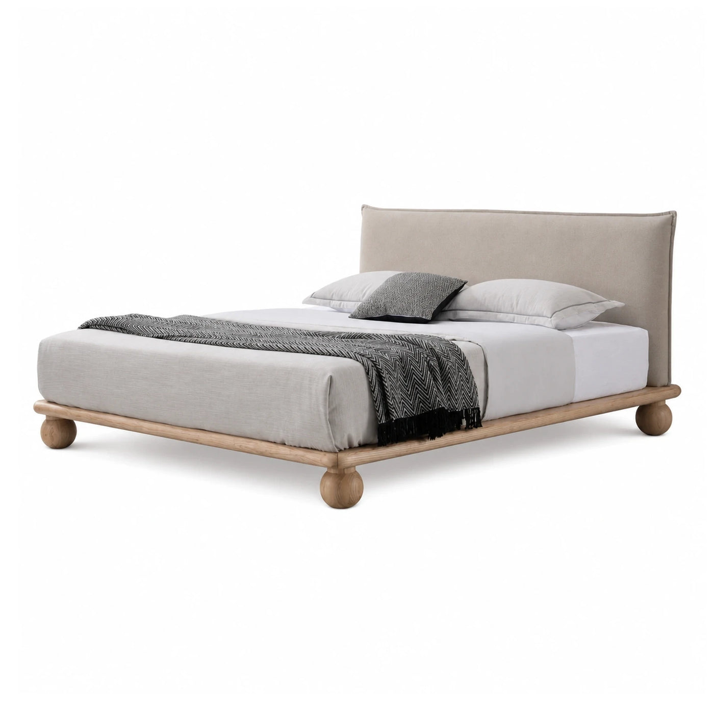 Fabric Natural Grain Beige Upholstered Platform Bed with Wooden Base Beds & Headboards