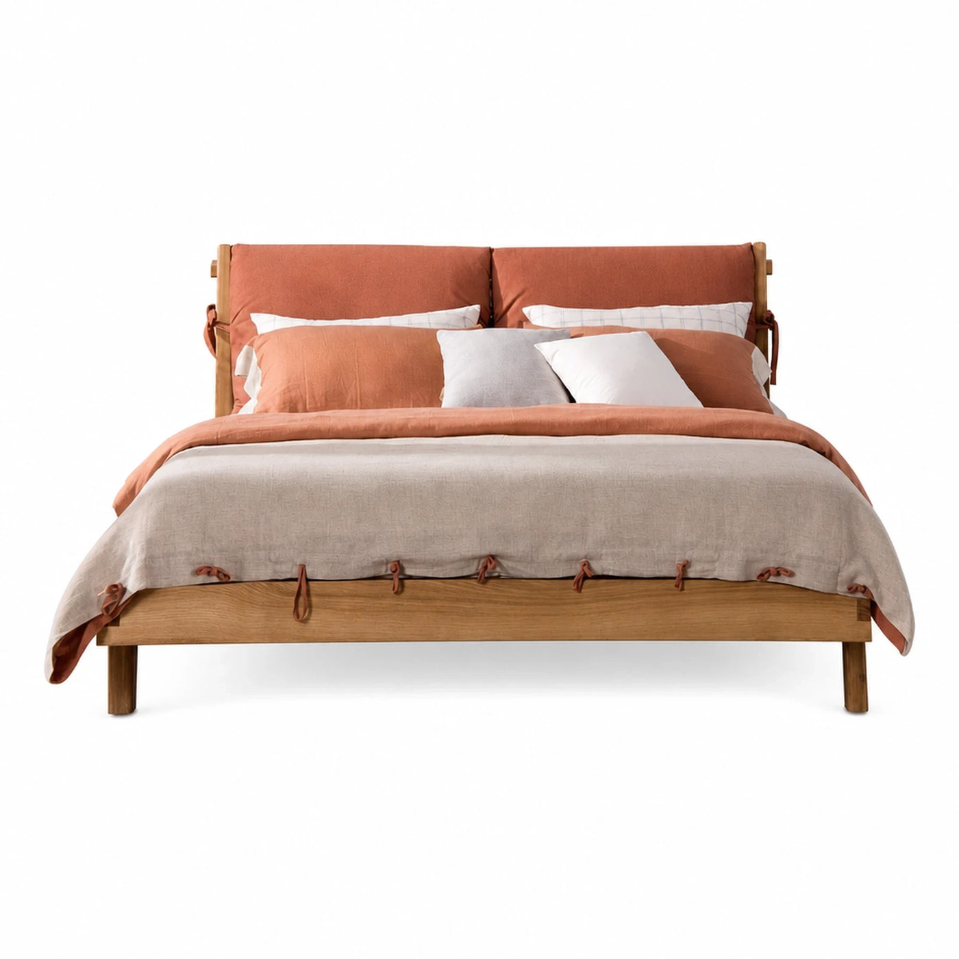 Brown Wide Plank Wooden Bed Frame with Upholstered Headboard Beds & Headboards