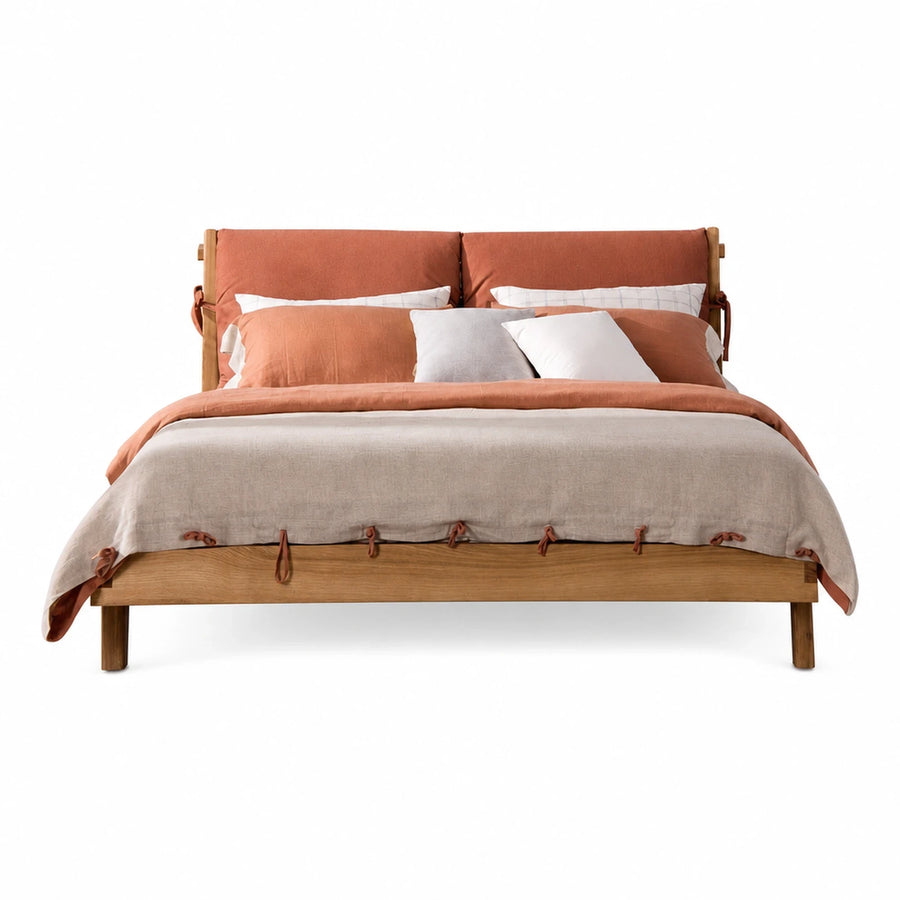 Brown Wide Plank Wooden Bed Frame with Upholstered Headboard Beds & Headboards