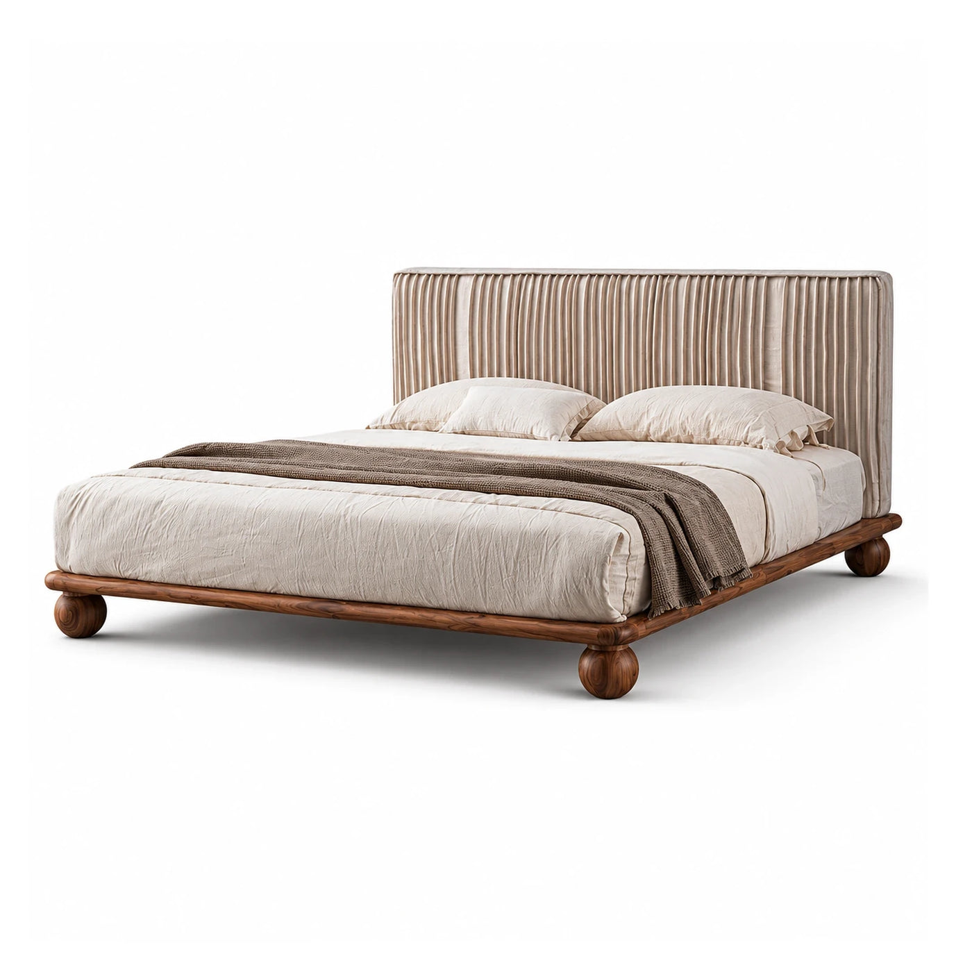 Beige Pleated Velvet Bed with Wooden Base