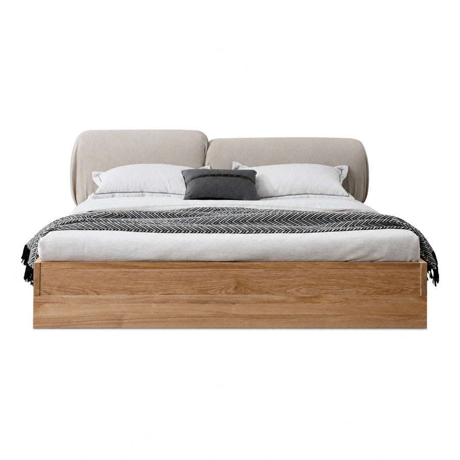 Fabric Light Tone Beige Upholstered Platform Bed with Wooden Base Beds & Headboards