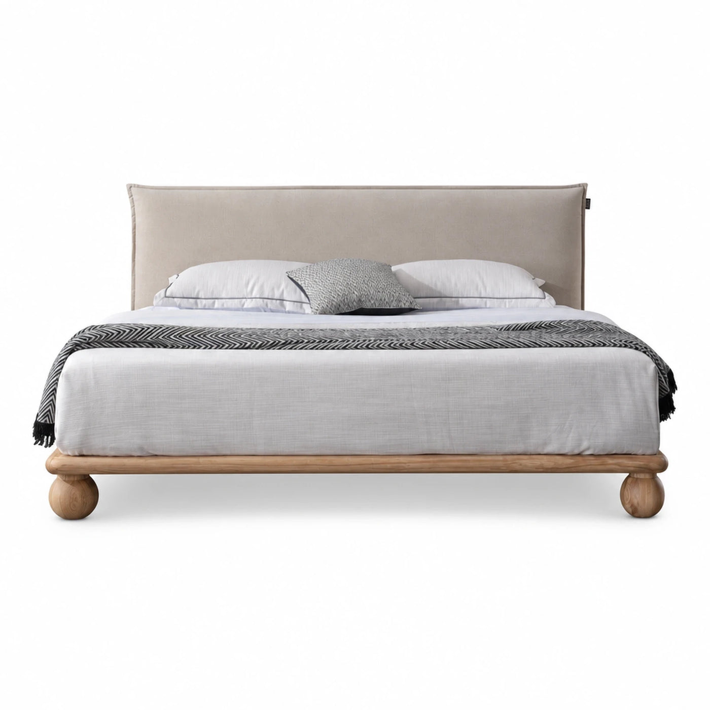 Fabric Warm Oak Beige Upholstered Platform Bed with Wooden Base Beds & Headboards