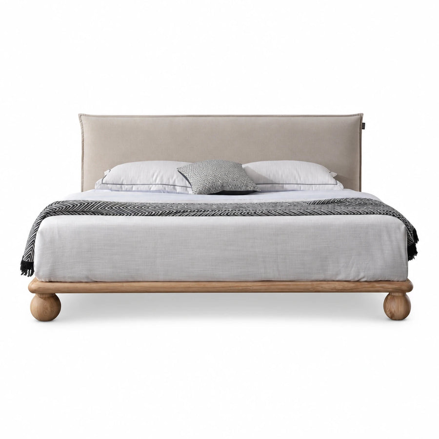 Fabric Warm Oak Beige Upholstered Platform Bed with Wooden Base Beds & Headboards