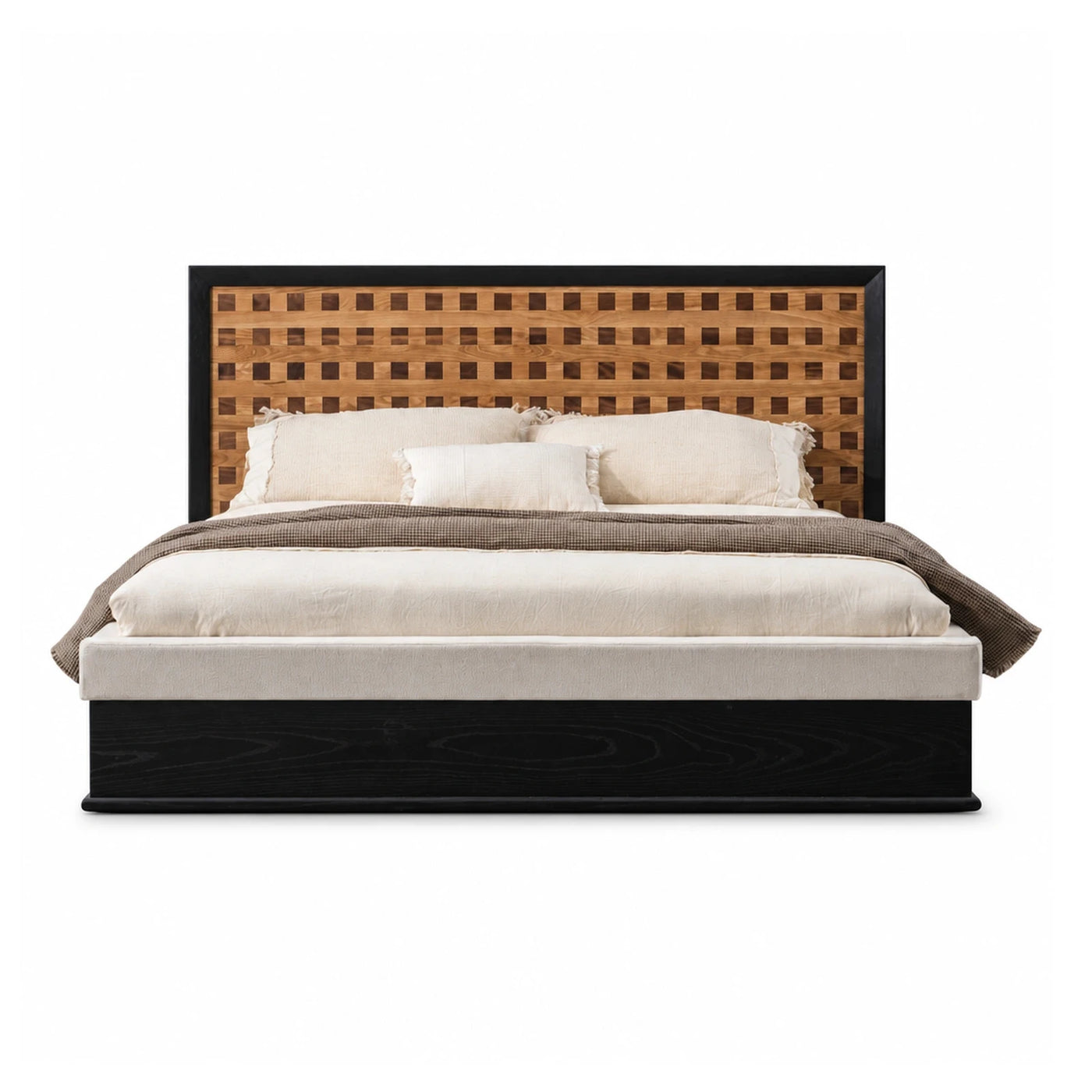 Natural Grain Black Wood Platform Bed with Woven Headboard Beds & Headboards