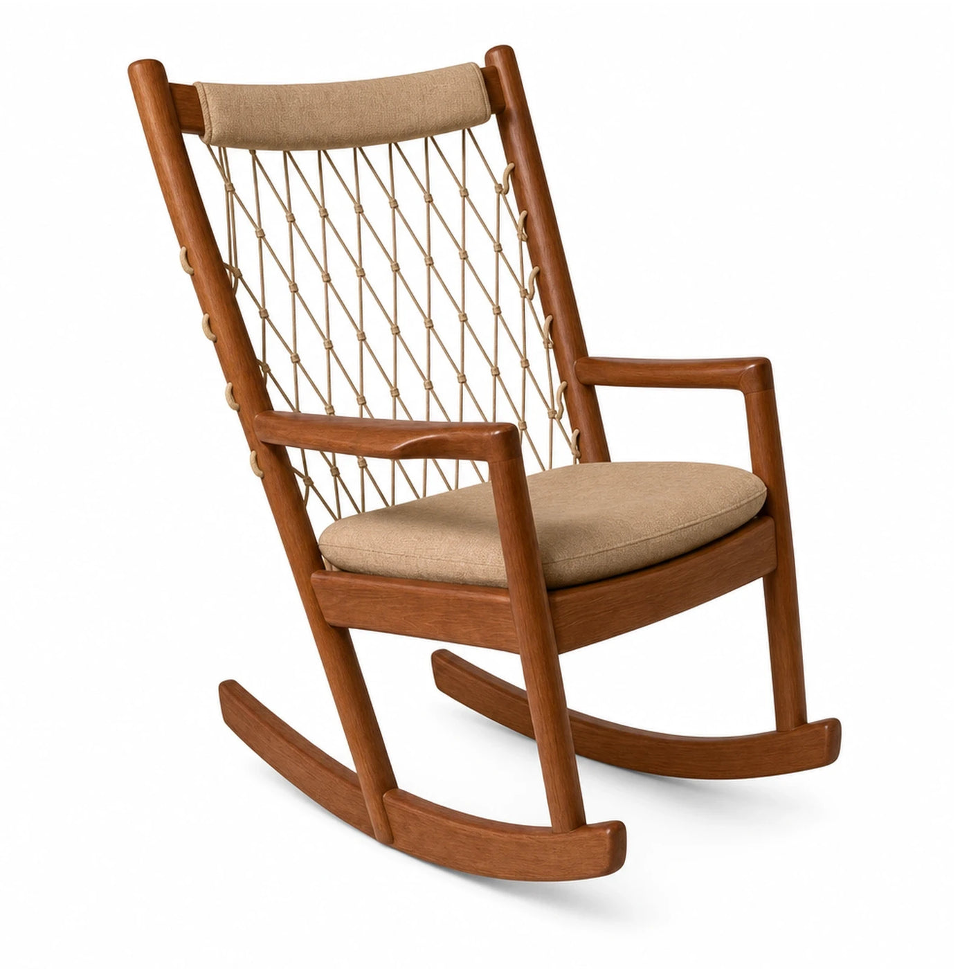Wooden Rocking Chair with Woven Cord Back and Beige Cushion
