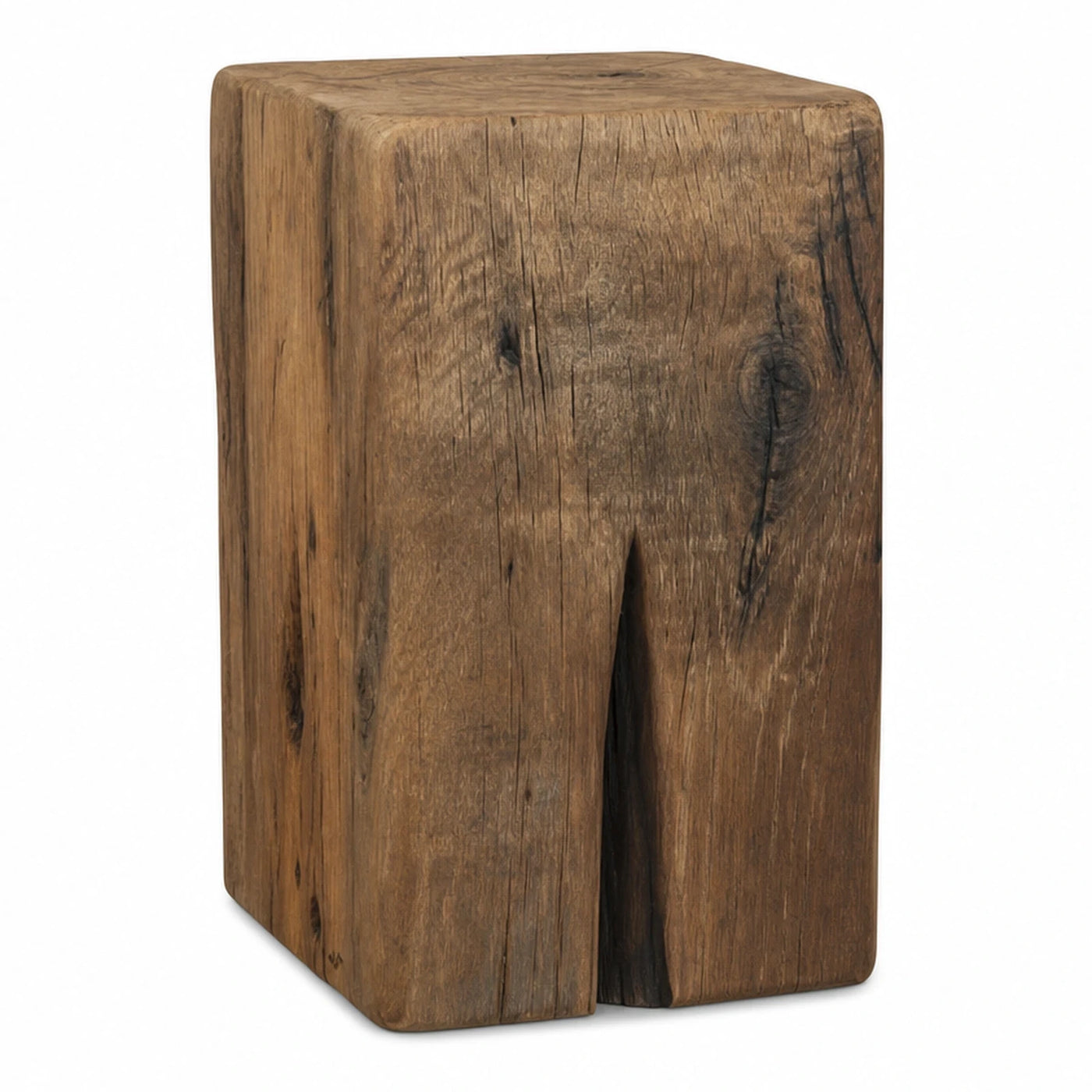 Rustic Solid Wood Block Stool with Natural Grain