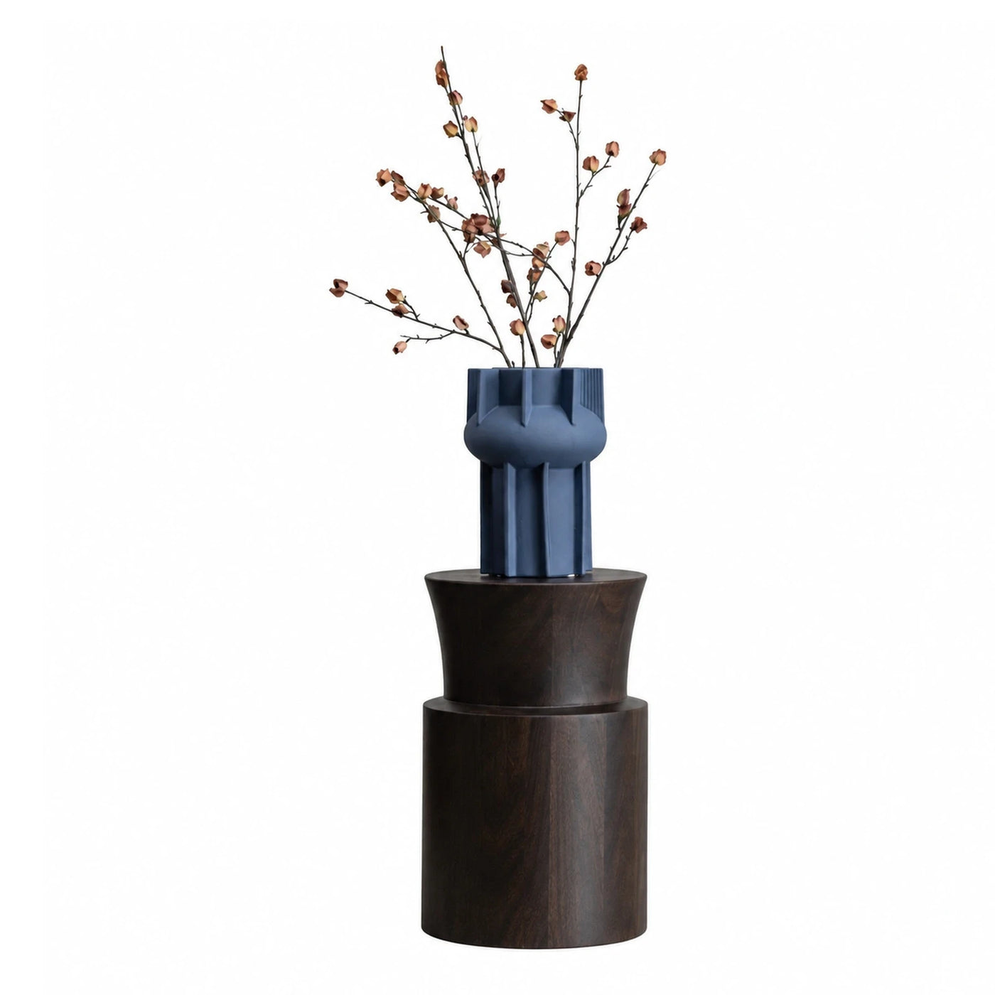 Dark Wood Pedestal Stand with Blue Ceramic Vase