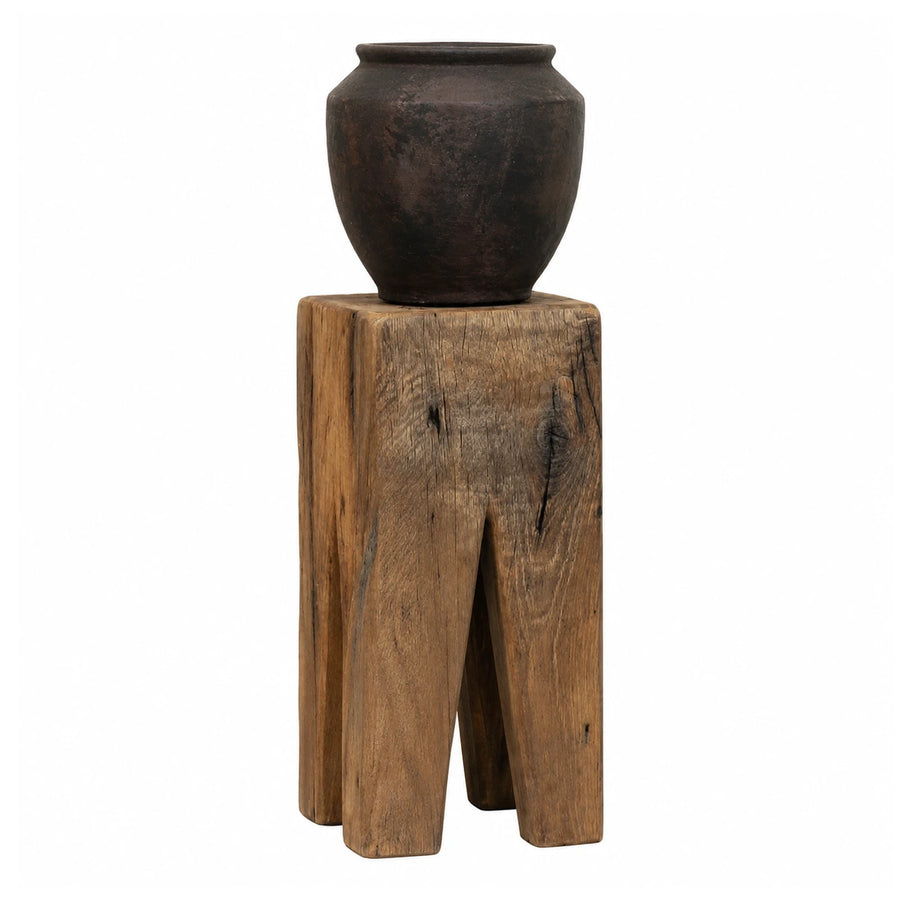 Rustic Wooden Stool with Dark Ceramic Vase