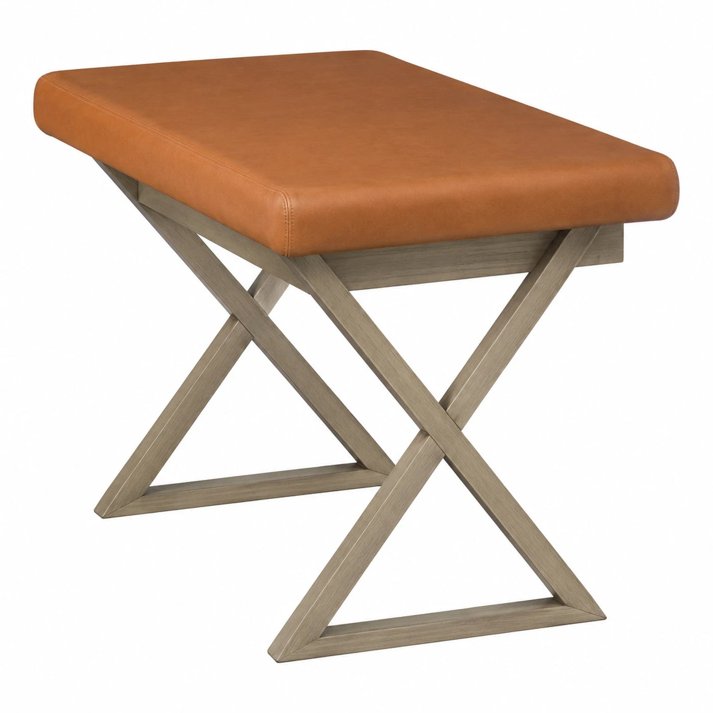 Tan Leather Upholstered Bench with X-Base