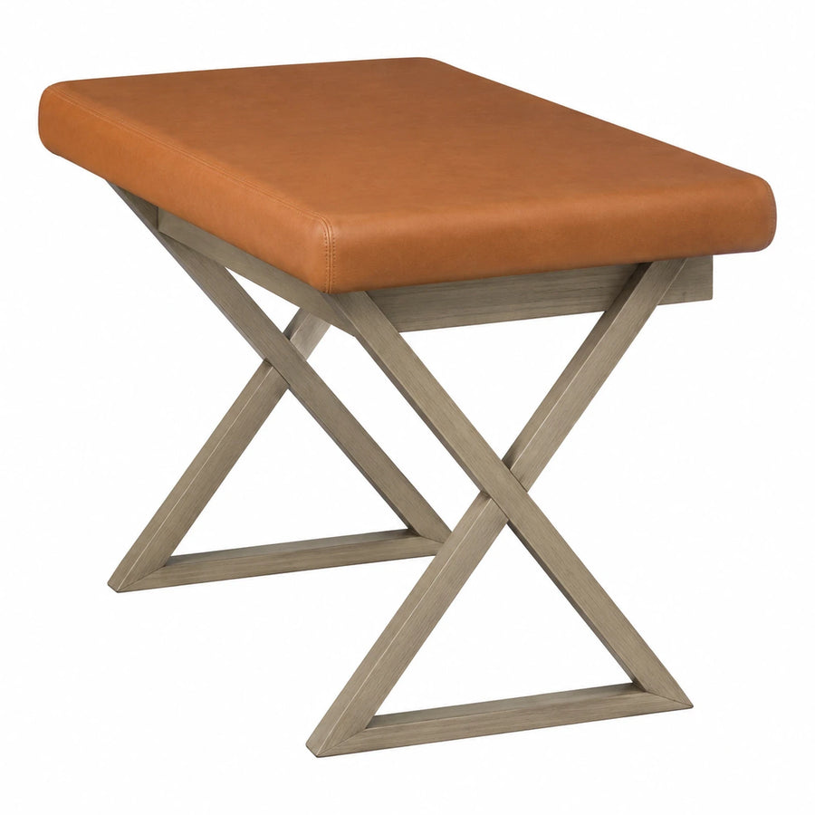 Tan Leather Upholstered Bench with X-Base