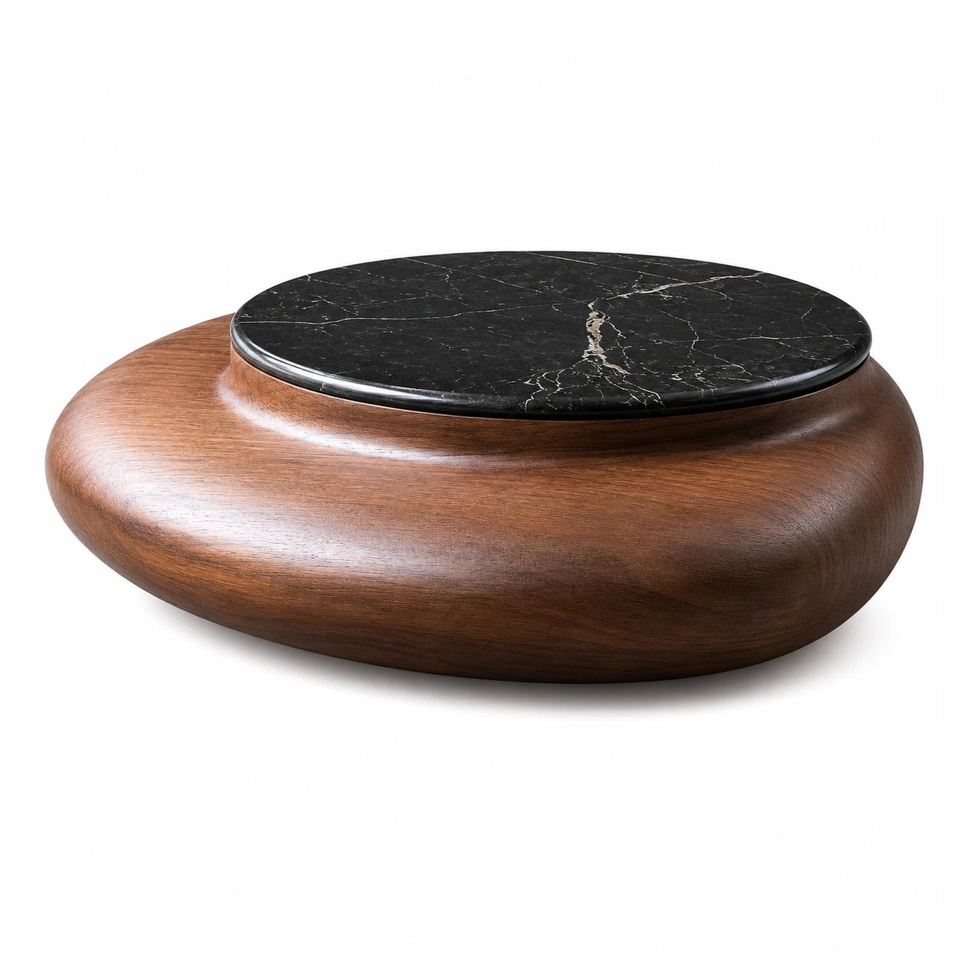 Round Wooden Coffee Table with Black Marble Top