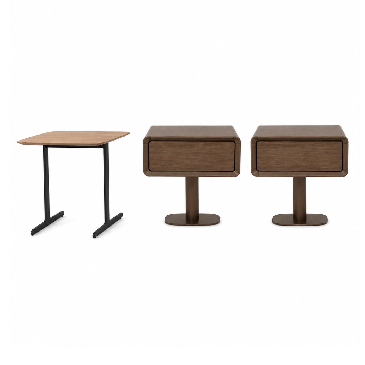 Modern Wood Side Table with Drawer and Metal Base