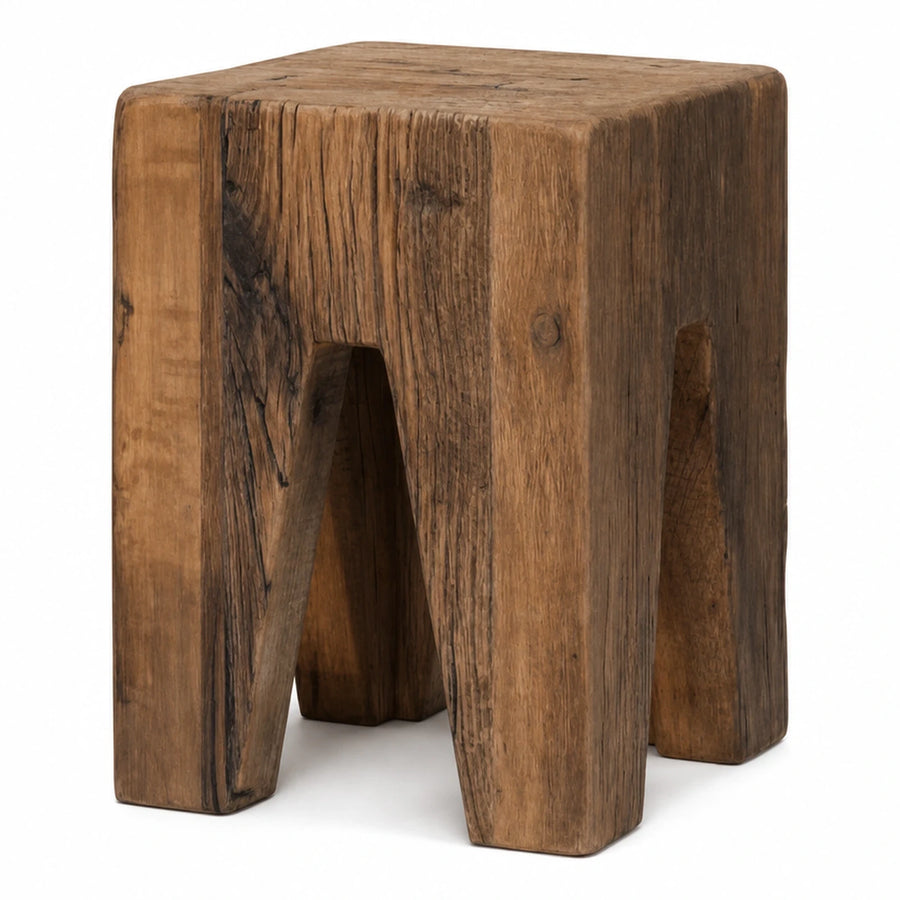 Solid Wood Block Stool with Natural Grain
