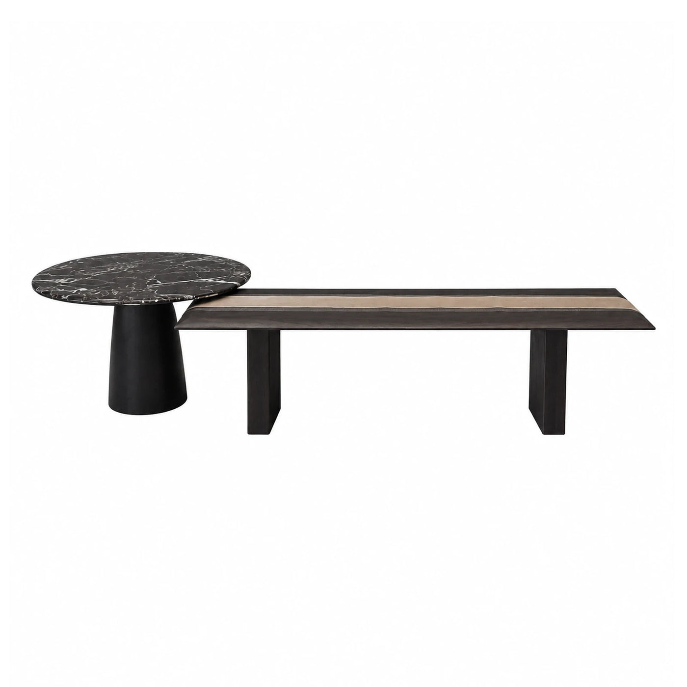 Black Marble and Wood Coffee Table Set
