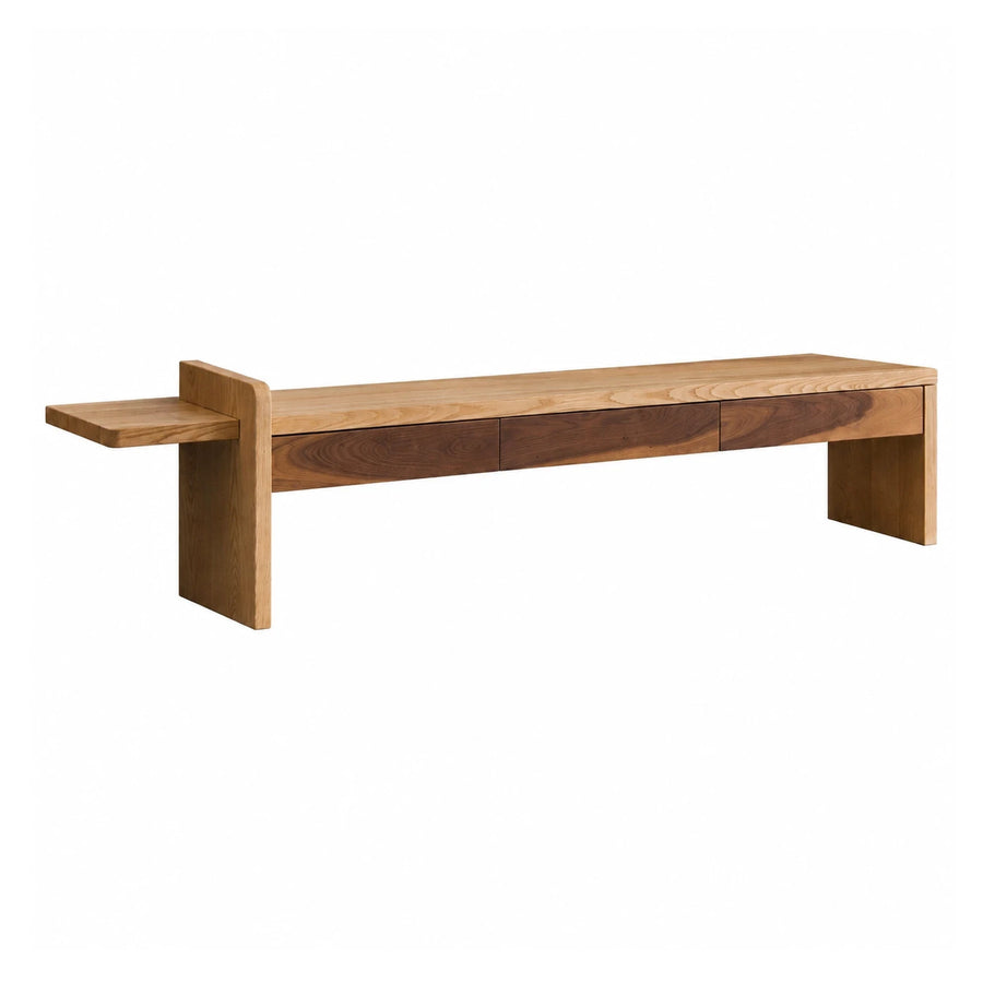Solid Wood Bench with Side Shelf and Drawers