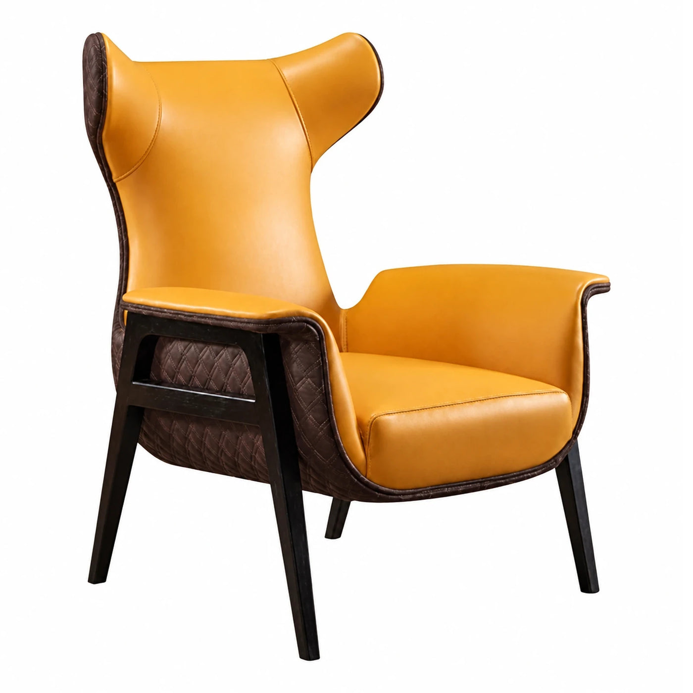 Yellow Leather Wingback Armchair with Quilted Sides