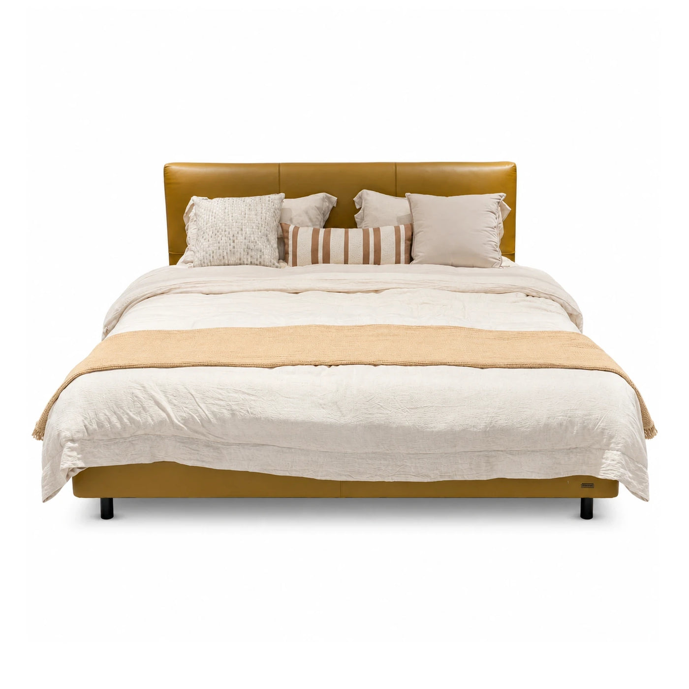 Brown Wide Plank Mustard Yellow Leather Upholstered Platform Bed Beds & Headboards