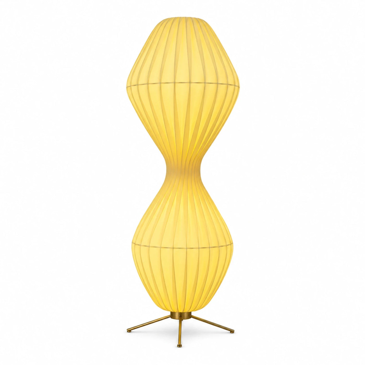 Yellow Ribbed Hourglass Floor Lamp with Brass Base