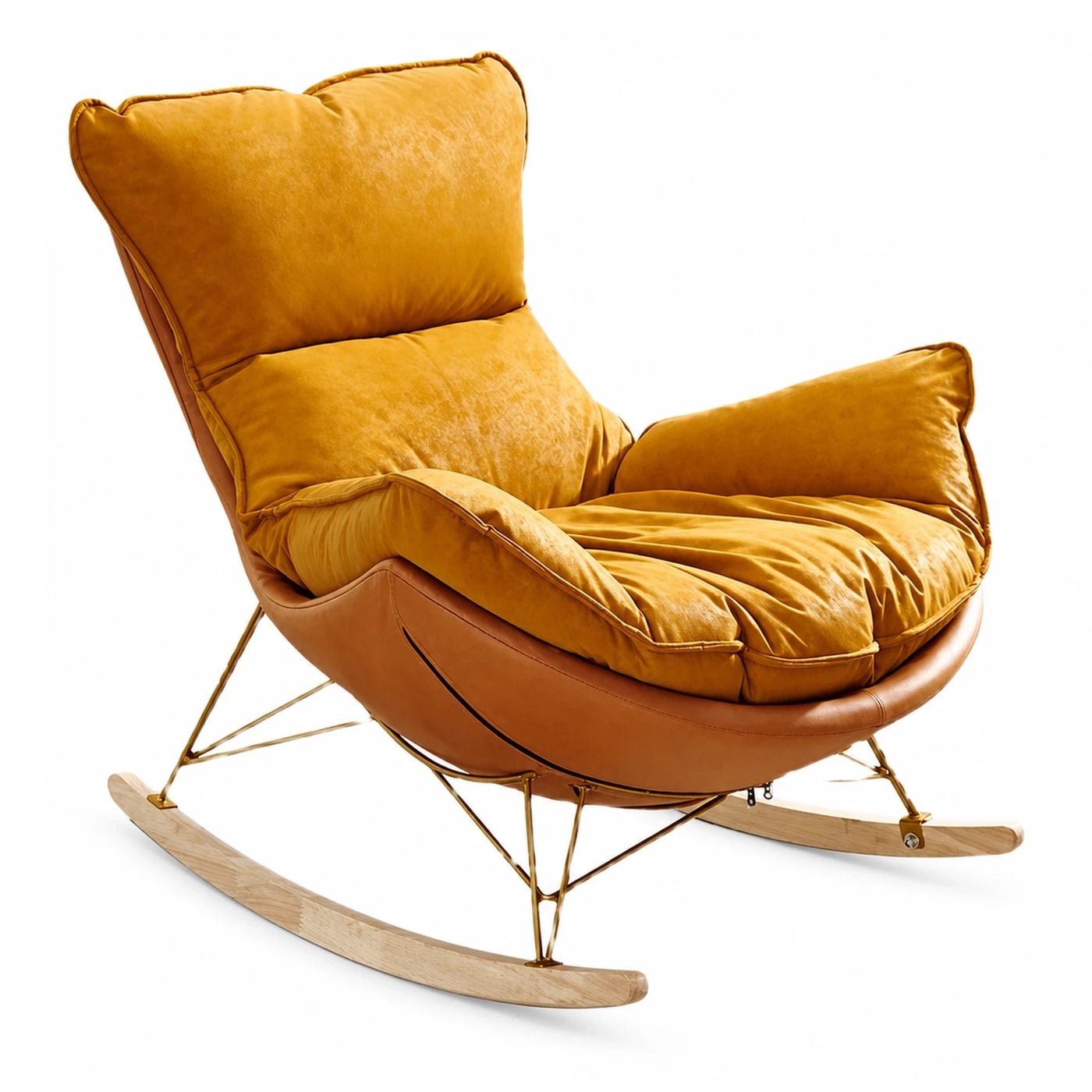 Mustard Velvet Rocking Lounge Chair with Leather Shell