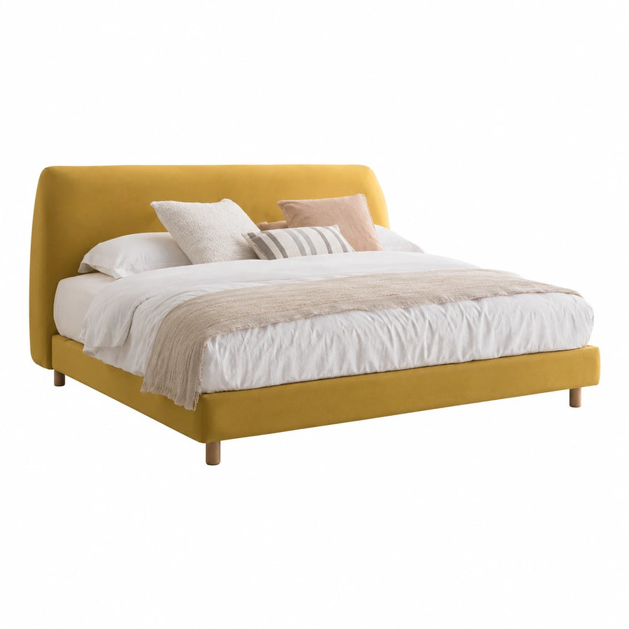 Yellow Upholstered Platform Bed with Wooden Legs