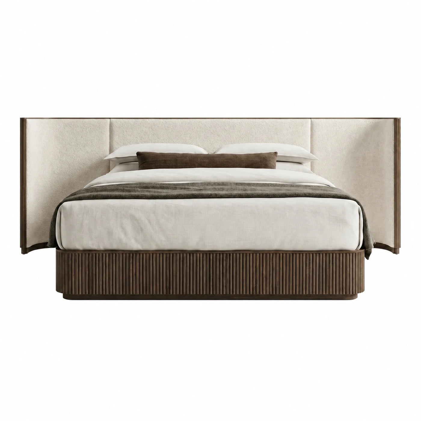 Upholstered Panel Bed with Fluted Wood Base