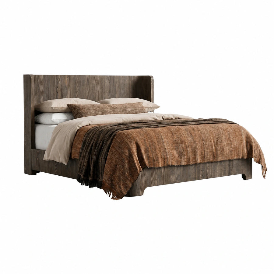 Dark Wood Panel Bed with High Headboard