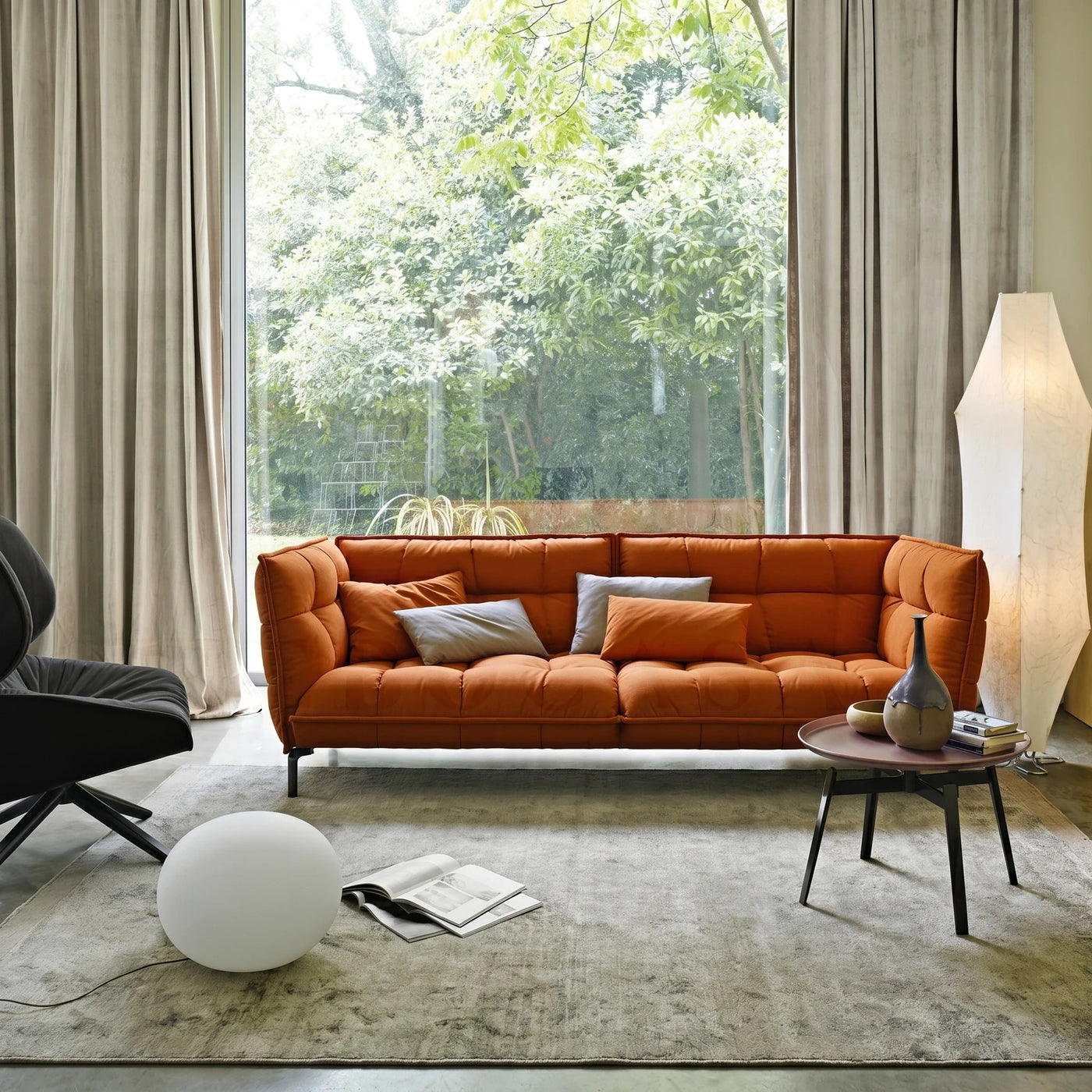 Contemporary Living Room with Orange Sofa