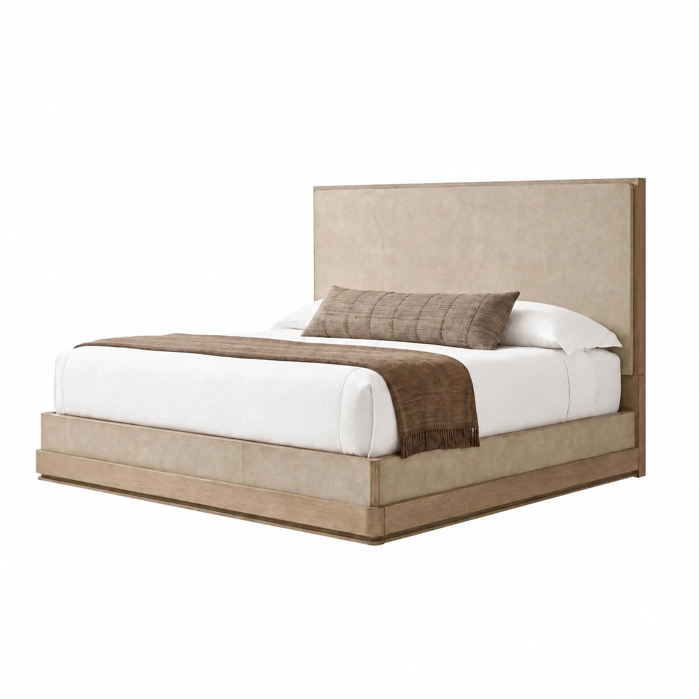 Beige Upholstered Platform Bed with Wood Frame