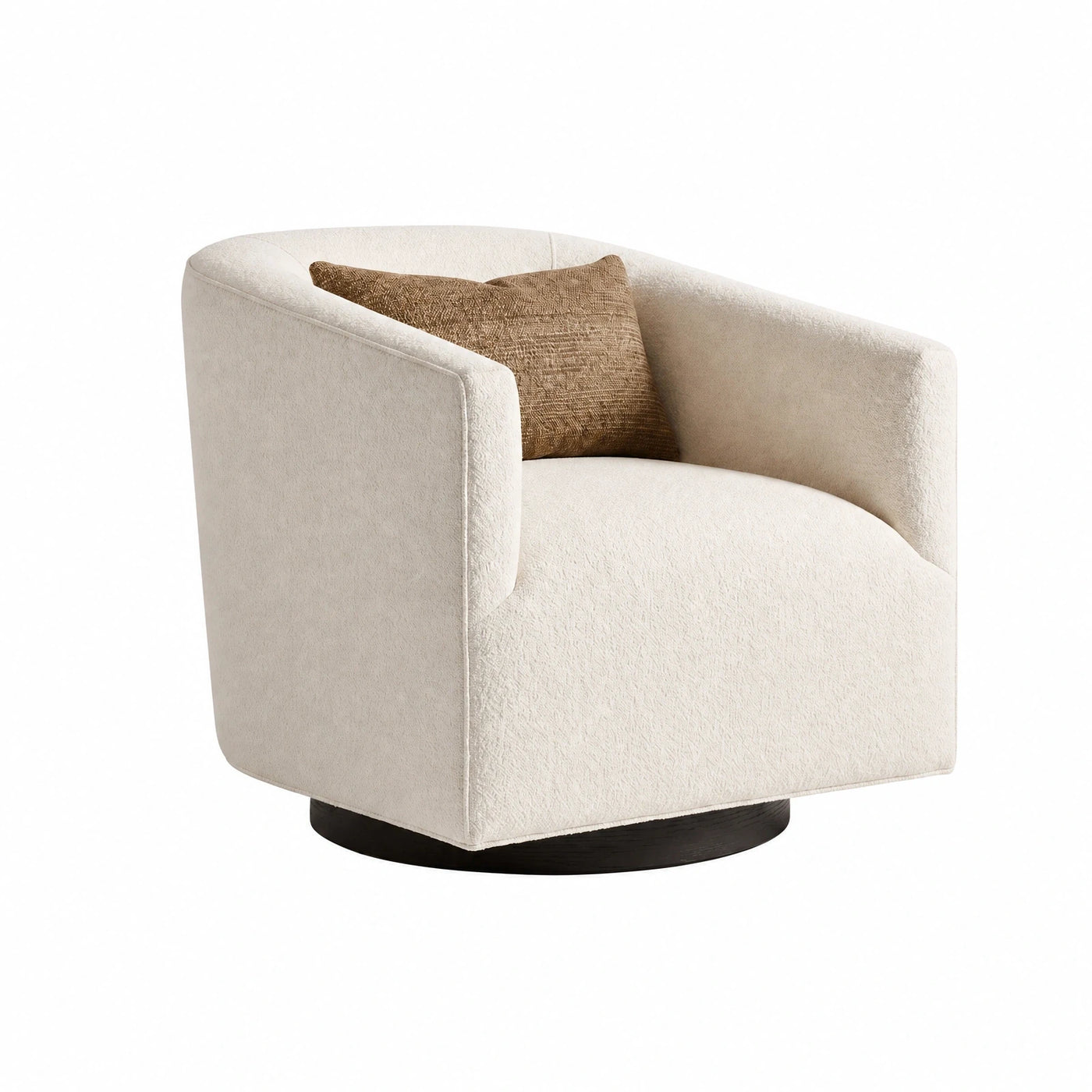 Cream Boucle Swivel Armchair with Dark Wood Base