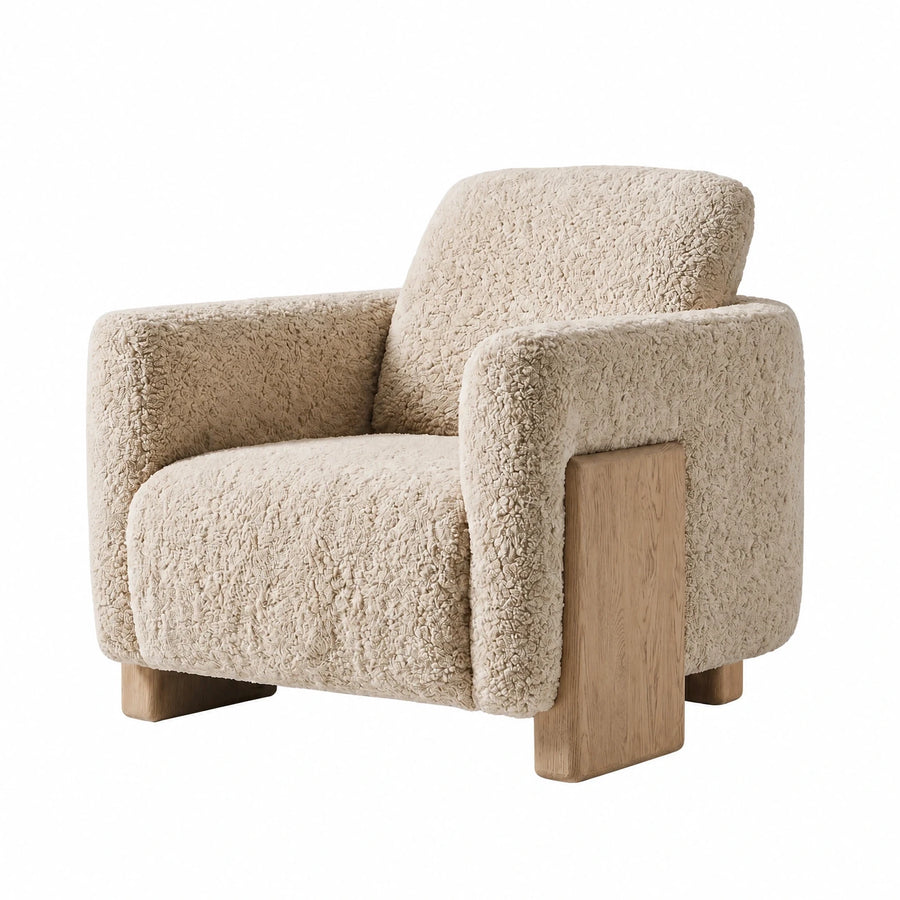 Cream Boucle Armchair with Wooden Block Legs